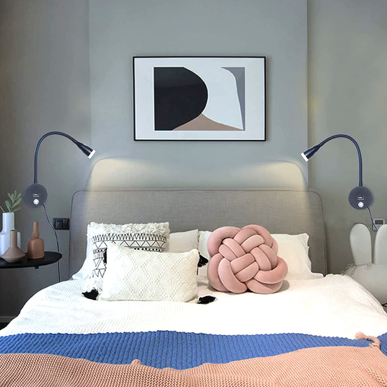VOMI 3W LED Leselampe Bett Wandmontage Schlafzimmer Wandlampe Dimmbar mit Touch Schalter & USB Port, 2 Stück Wand-Leselampen 360° Flexible Schwanenhals Lampe Schwarz Wandspot mit USB-Stecker