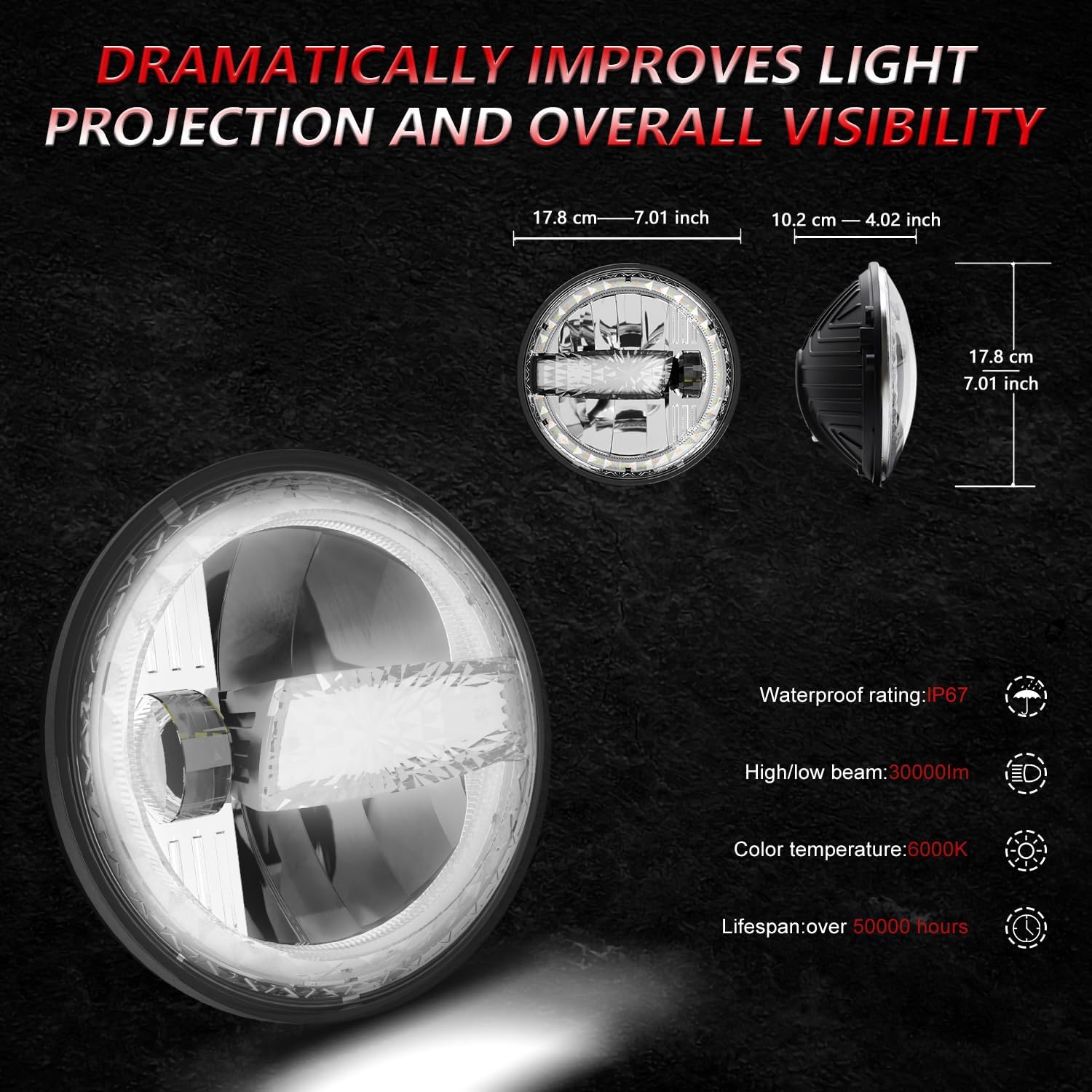 1000% Bright 7 Inch Round LED Headlight H6024 for Car, DOT Anti-glare DRL Turn Signal Driving Lights, High and Low Sealed Beam, Compatible with Jeep Wrangler JK JKU TJ LJ Chevy Ford etc.