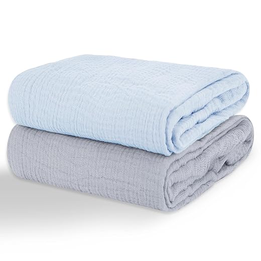 2 Pack Muslin Swaddle Blankets for Baby, 100% Cotton 40x40 Inches - Elegant Light Blue & Misty Blue, Soft Breathable Newborn Swaddle for Infants/Toddlers, Multi-Use Receiving Blanket