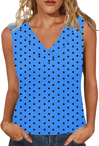 Summer Tank Tops Women Trendy Polka Dots Shirts Sleeveless V-Neck Camis Dressy Pleated Graphic Tees Tunic Top Clothes