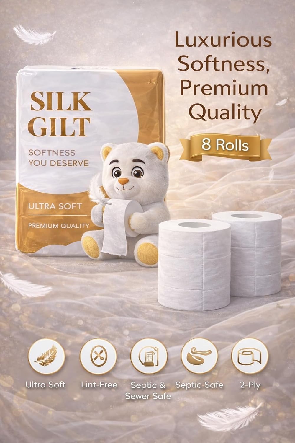Silk Gilt™ Luxury Toilet Paper – 24 Rolls (3 Packs of 8), Ultra Soft & Strong, Premium Bathroom Tissue image 2
