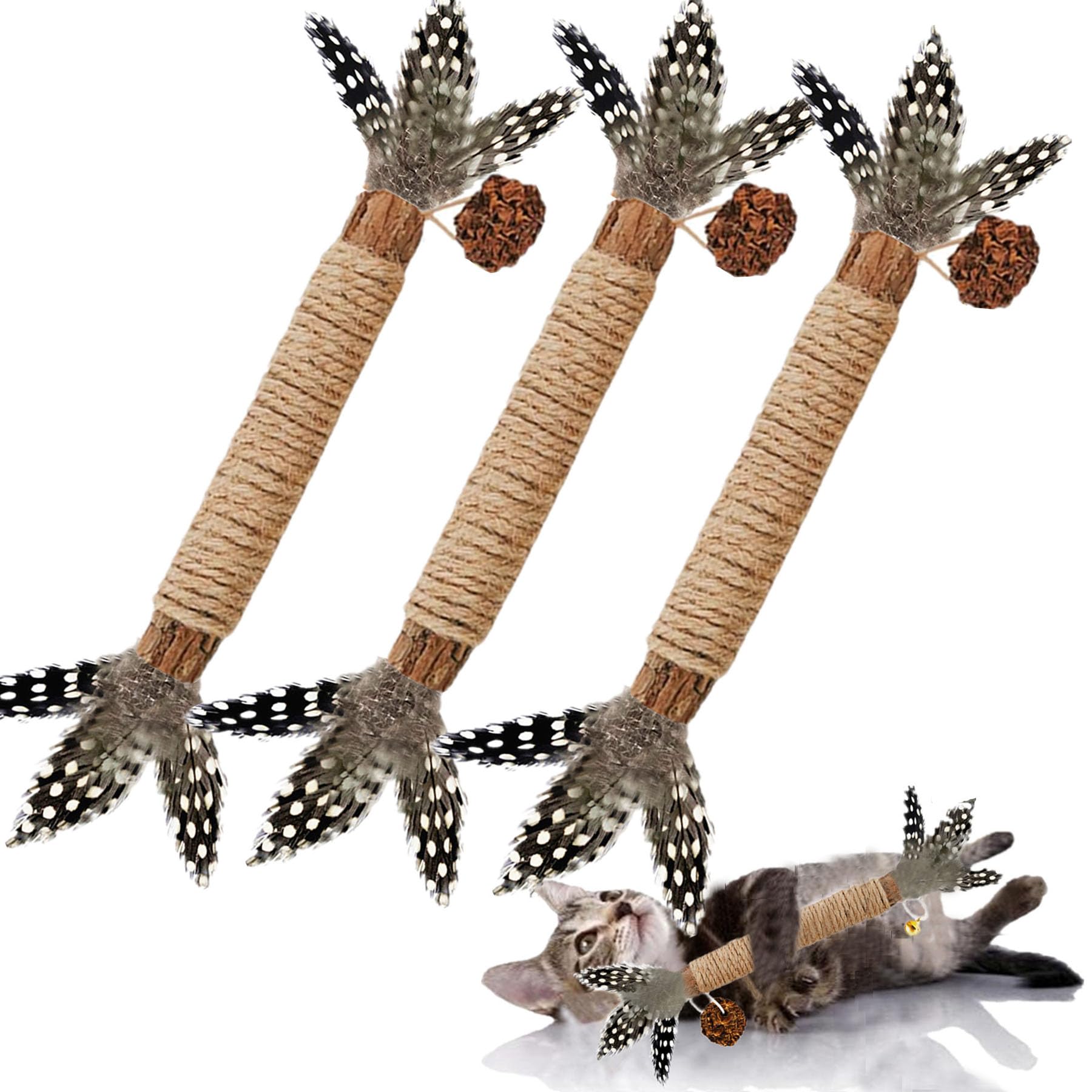 GREMBEB Cat Toys,3 Pack Silvervine Cat Feather Toy Kitten Chew Stick Catnip Treat with Bell for Cleaning Teeth Indoor Kitty Teaser Wand Molar Snack Interactive Pet Rabbit Bunny Hamster