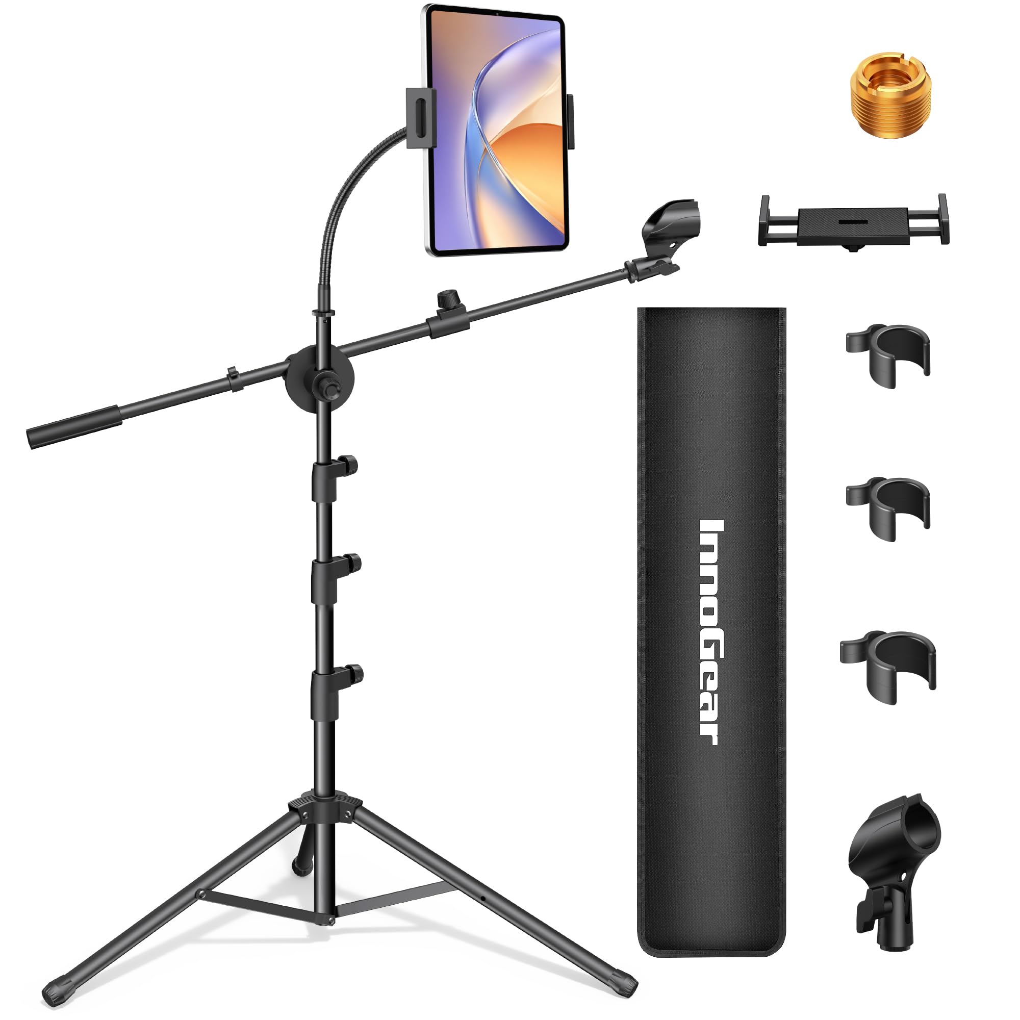 Photo 1 of InnoGear Mic Stand, 6 in 1 Microphone Stand Floor with Tablet Phone Holder Height Adjustable from 30" to 72" Mic Stand Tripod Boom Arm with Gooseneck Carrying Bag for Singing Karaoke Stage