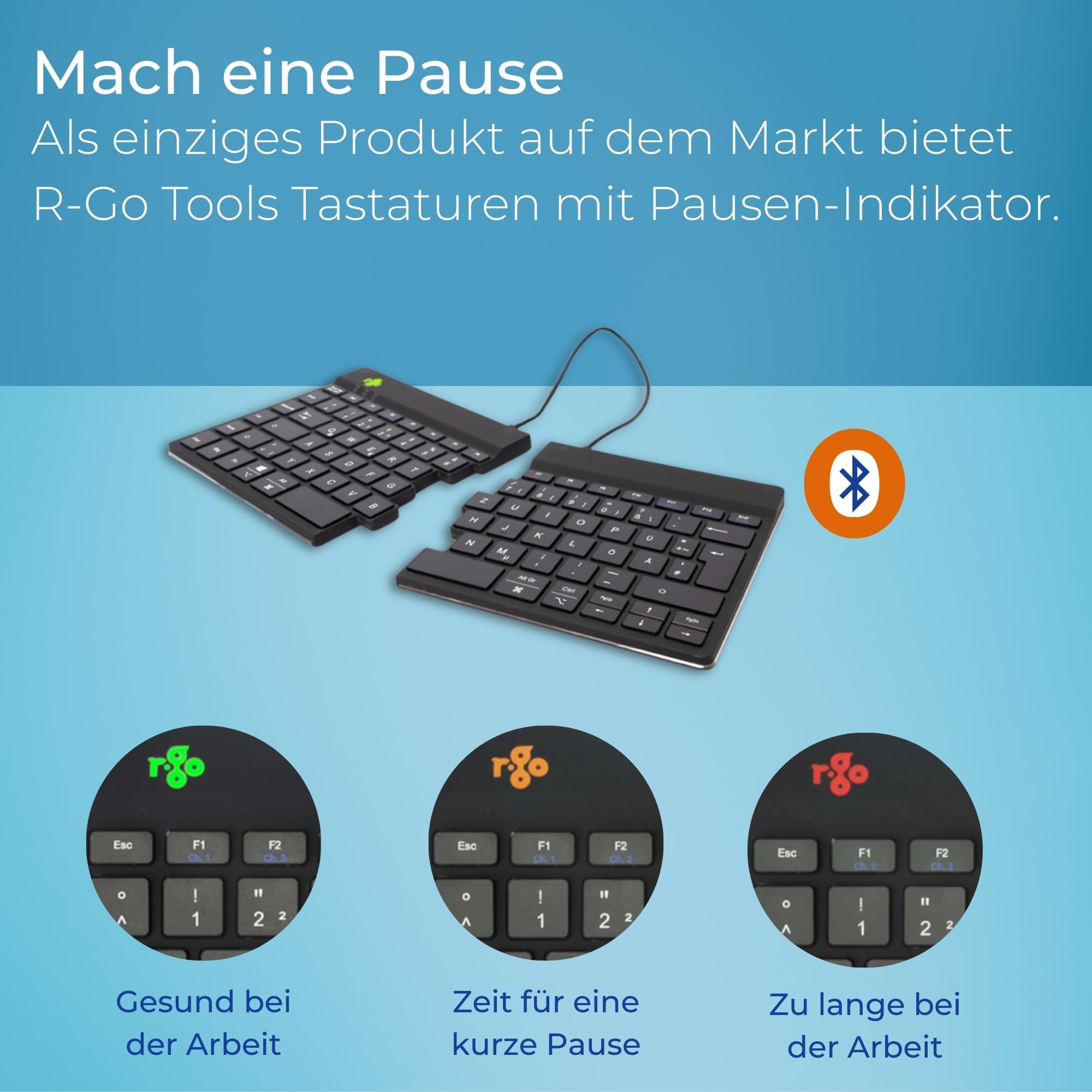 R-Go Split Break Tastatur mit Tasche - QWERTZ (DE) - Bluetooth Kabellos - Ergonomische Split-Tastatur wiederaufladbar - Filz-Etui - Anti-RSI - Schwarz