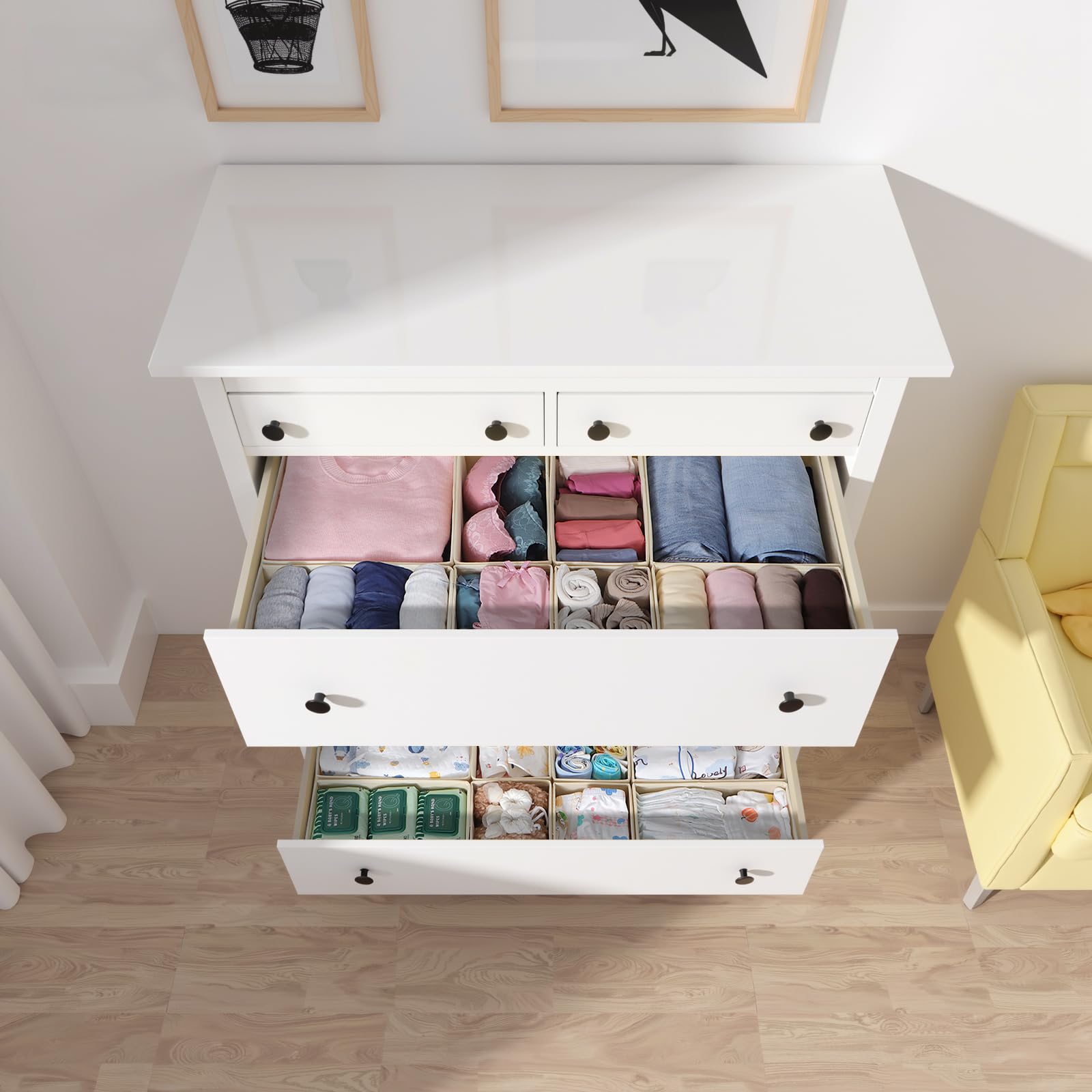 Set di 16 organizer per cassetti, compatibile con cassettiera HEMNES, altri sistemi di cassetti, scatole pieghevoli per vestiti, modulari per guardaroba, fasciatoio, beige