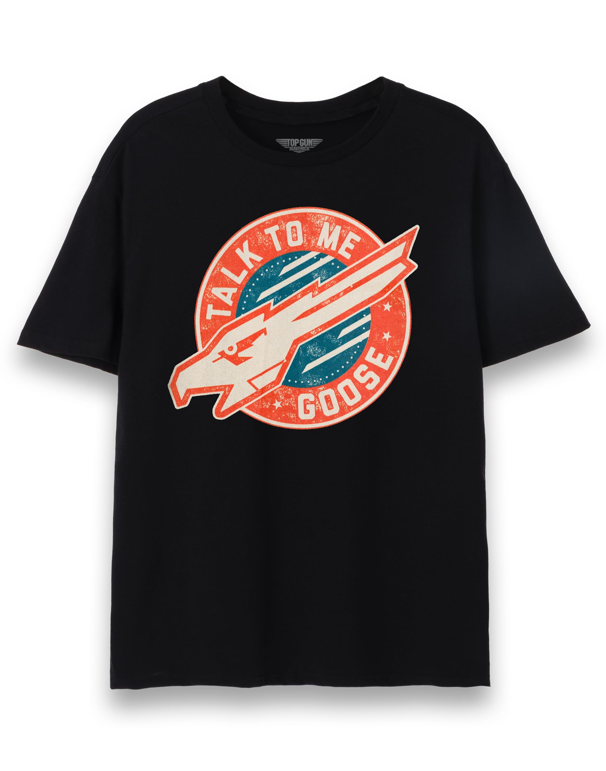 Top Gun Maverick Mens T-Shirt | Adults Talk to Me Goose Short Sleeve Distressed Graphic Tee in Black | Phoenix Emblem USA Action Movie Apparel Top | Iconic Film Series Merchandise Gift