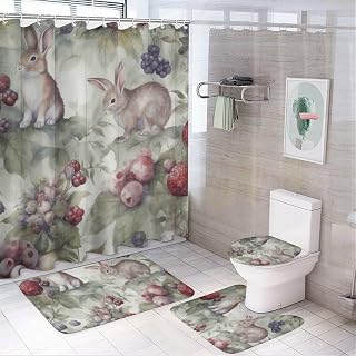 Hand Drawn Rabbit 4 Piece Bathroom Shower Curtain Sets, Including Shower Curtain Sets with 12 Hooks, Non-Slip Bathroom Rugs, U Shaped Toilet Rug and Toilet Lid Mat