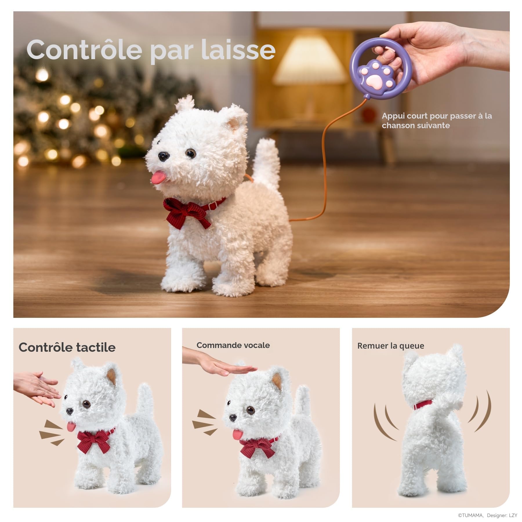 TUMAMA Chien Interactif Jouet Enfant Fille 3 4 5 6 Ans, Peluches et Animaux Interactifs, Chien Robot Peluche Interactive, electronique Chien Qui Marche et Aboie en Laisse et 6 Chansons, Peluche Cadeau