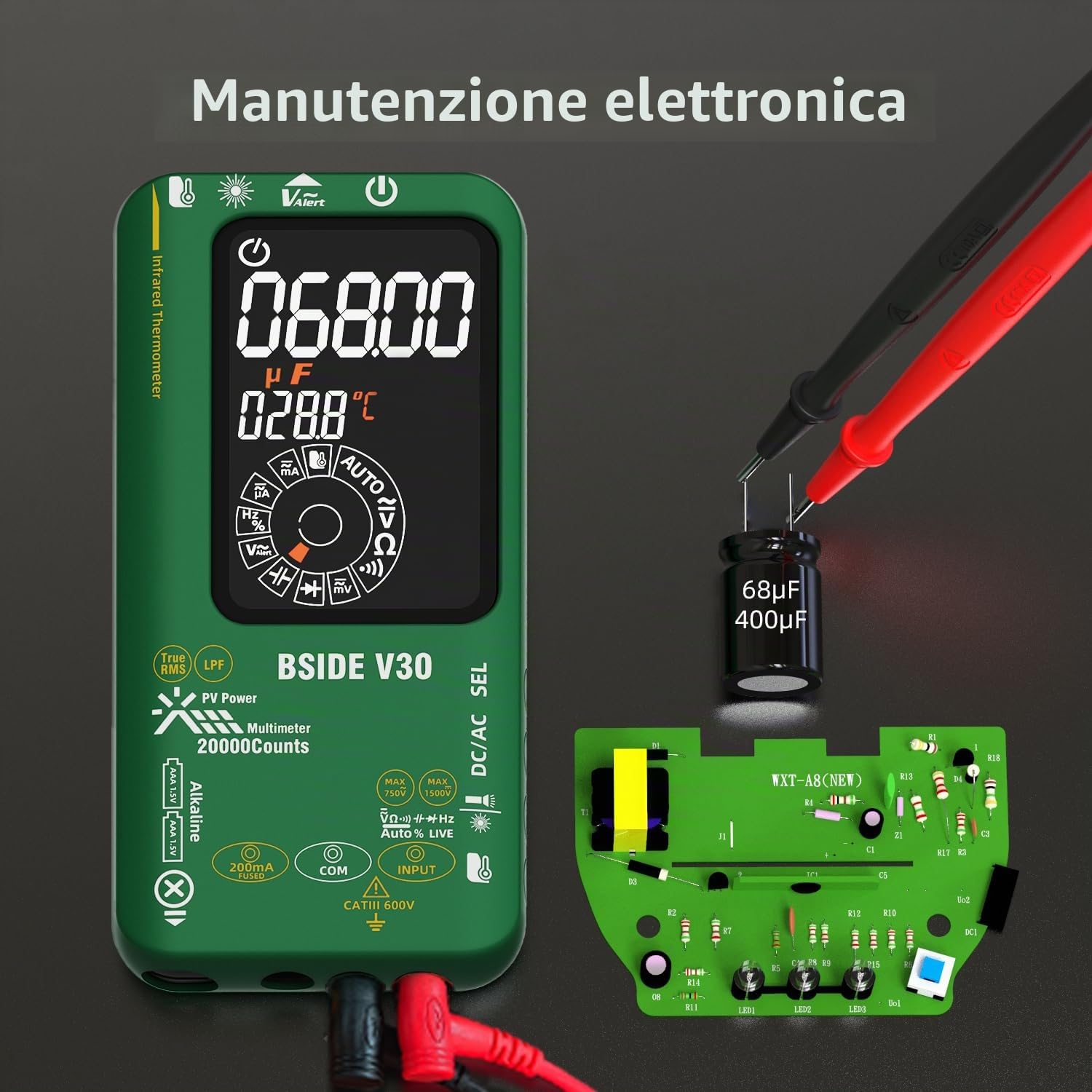 BSIDE Multimetro Digitale Intelligente 20000 Conteggi TRMS, Multimetro Fotovoltaico 1500V 0.01mV 0.1μA, Tester Elettricità con Filtro Passa Basso, Doppia Alimentazione, LCD a colori e Termometro IR
