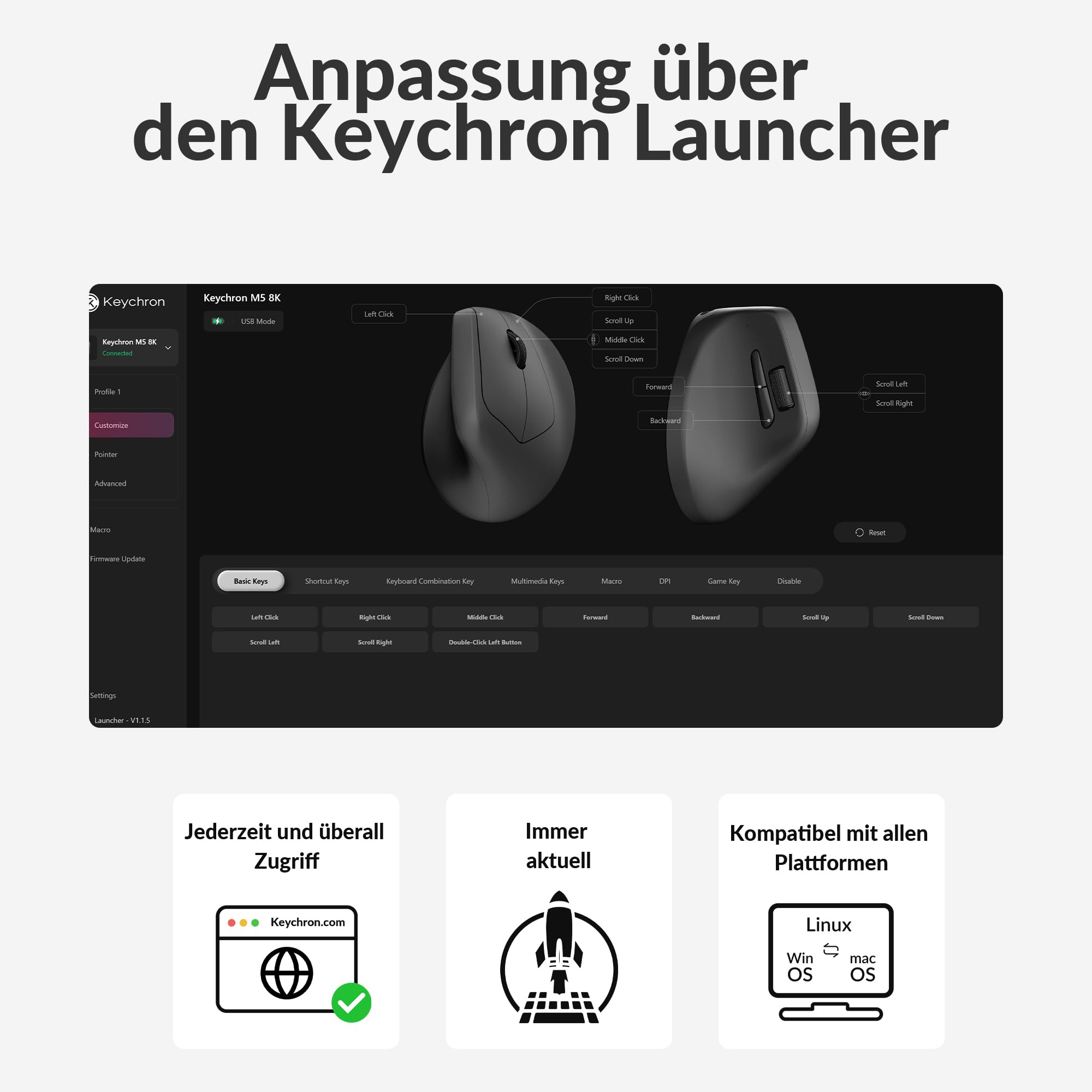 Keychron M5 8K ergonomische Vertikal-Gaming-Maus, 30 000 DPI, 750 IPS, 2,4 GHz/Bluetooth 5,3 / USB-C, 600-mAh-Akku, programmierbar, 8000 Hz kabellos Gaming-Maus für Windows, macOS – Schwarz