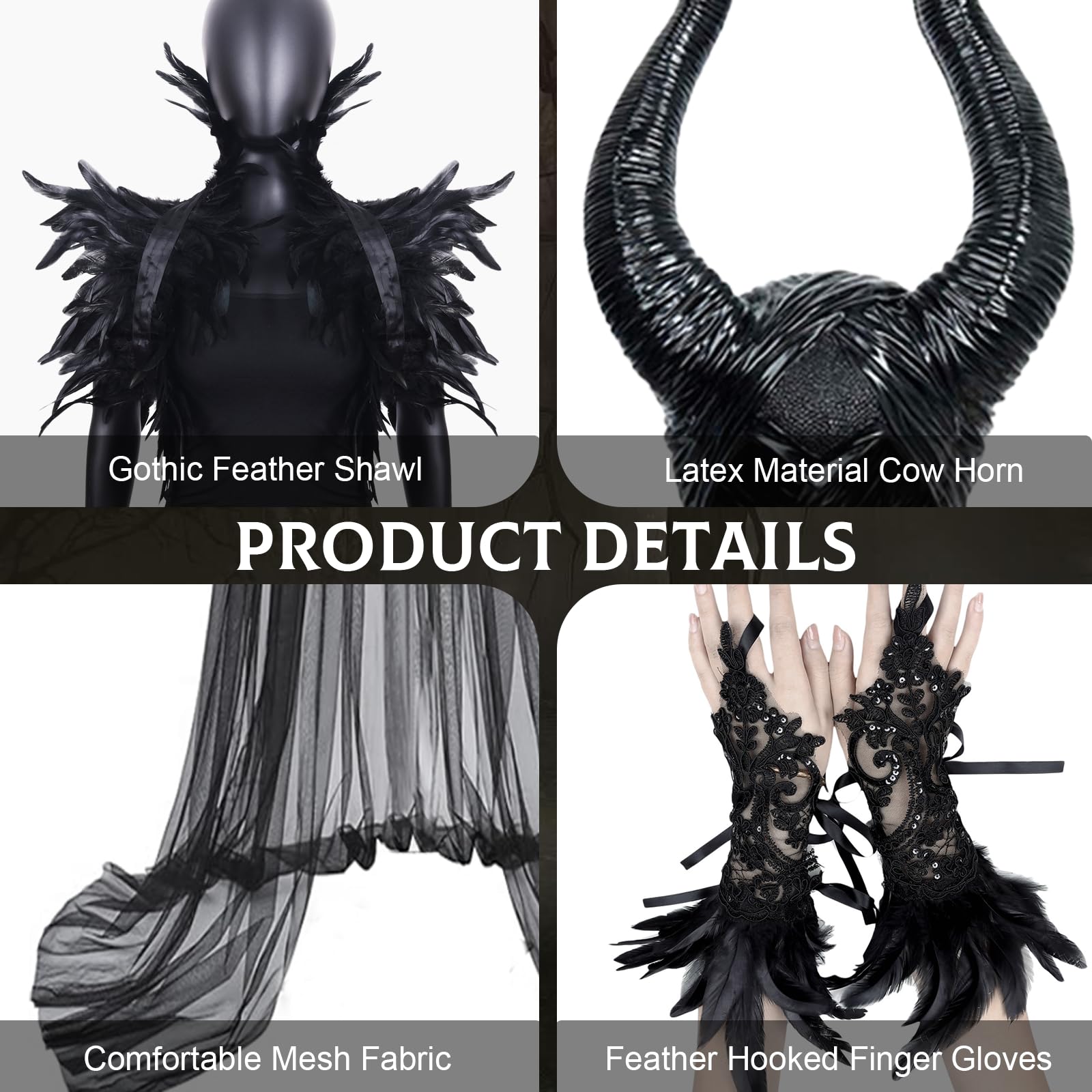 Maleficent kostium damski: kostium diabła, zestaw Maleficent rogi z peleryną z piór, koronkowe rękawiczki i długa spódnica tiulowa na Halloween, karnawał, imprezę Cosplay