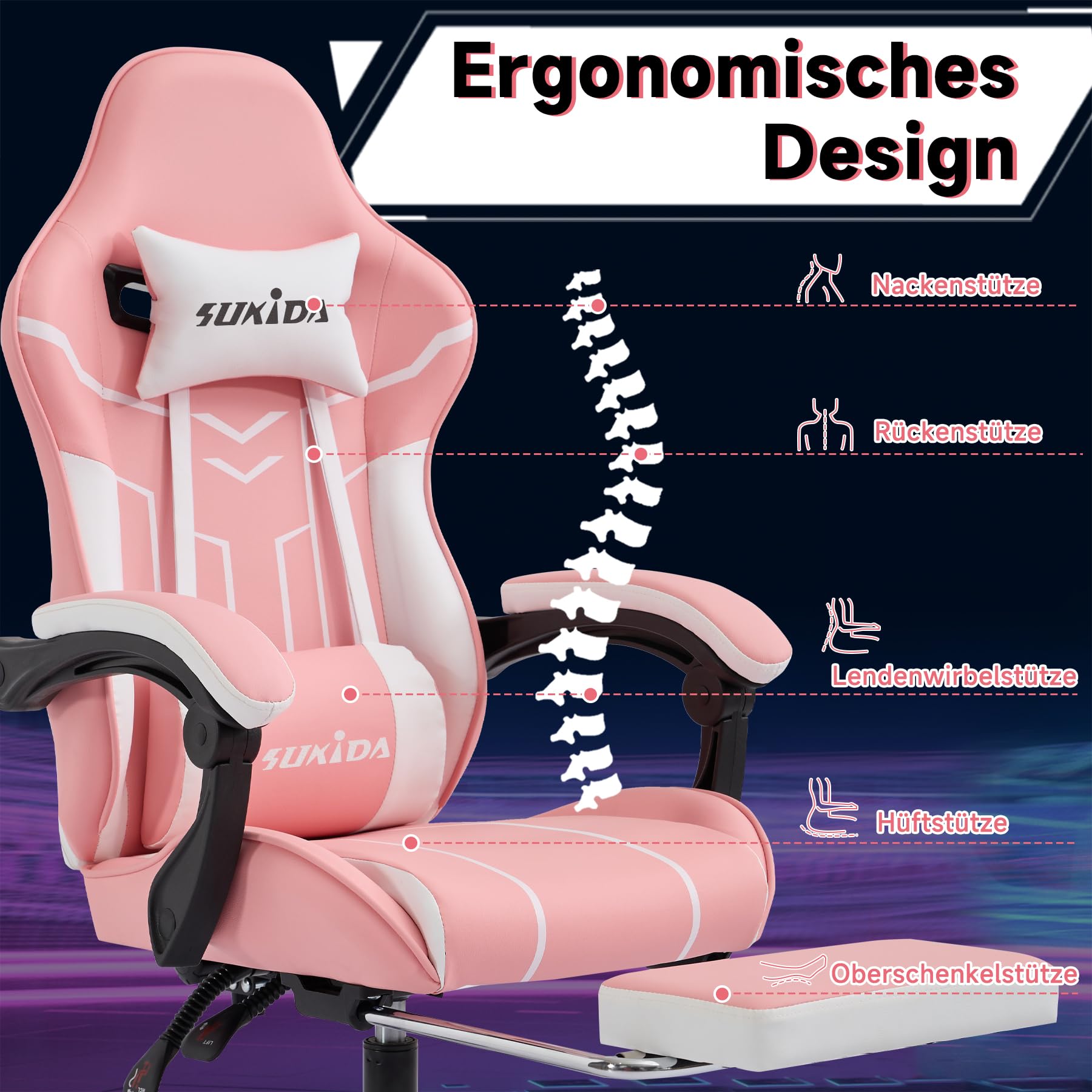 SUKIDA Gaming Stoel, Ergonomische gamingstoel met voetensteun, Racing gaming stoel met hoofdsteun, Verstelbare computer stoel, Hoogteverstelbaar met lendensteun voor thuiskantoor en gaming, Grijs