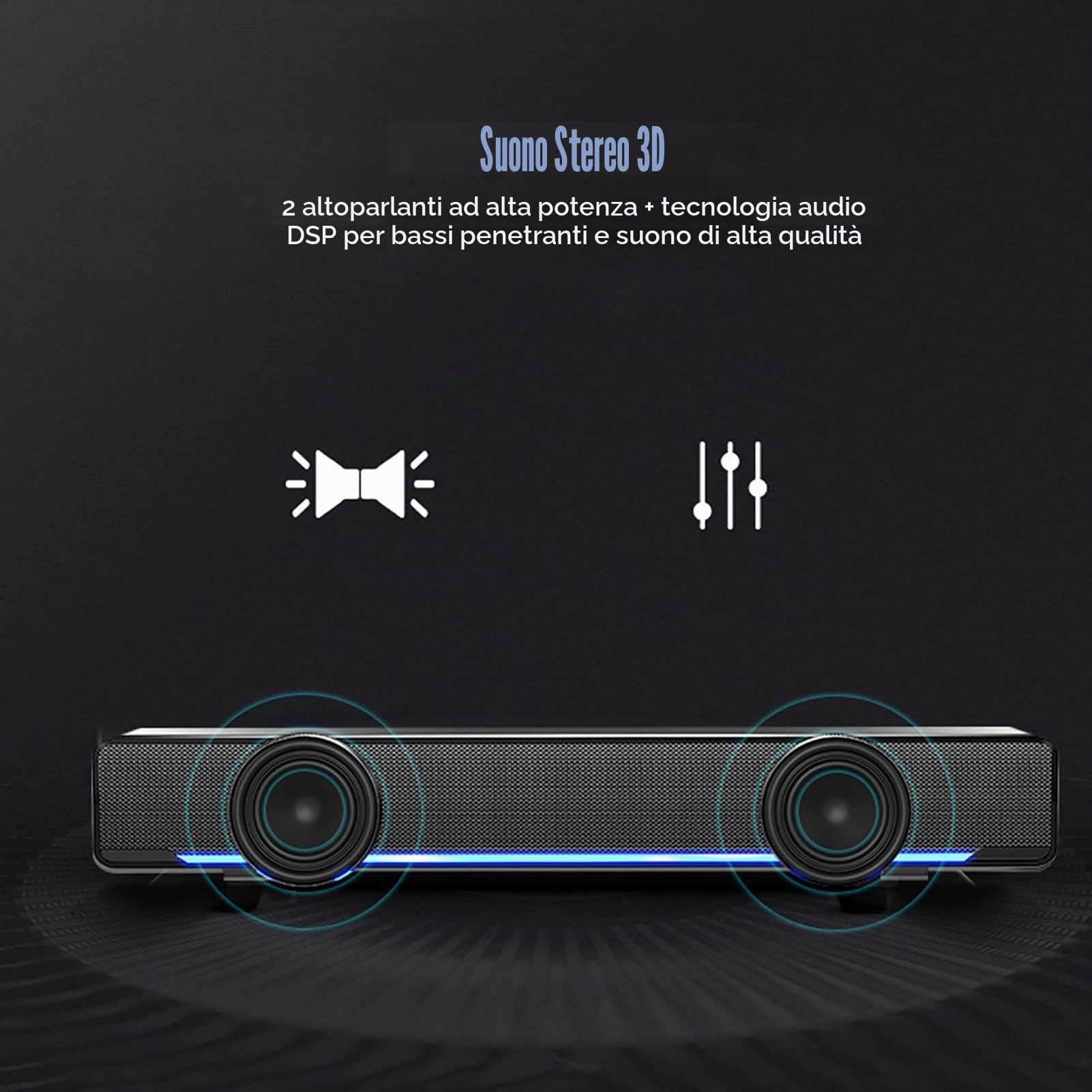 Zunate Soundbar, audio stereo 3D con cavo USB e ingresso da 3,5 mm, portatile per desktop, laptop, TV, smartphone, tablet PC (nero)