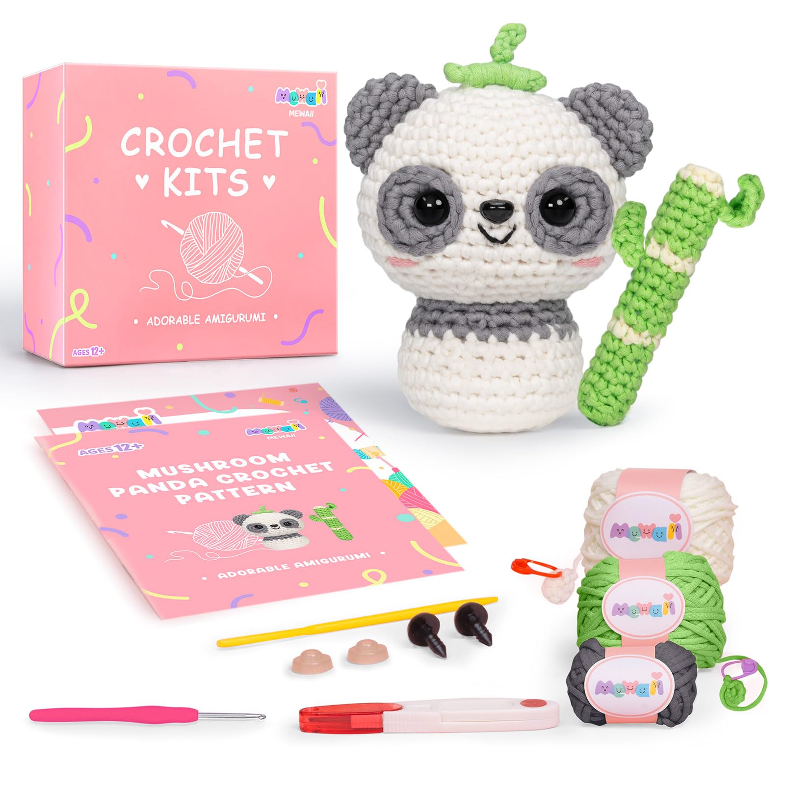 Mewaii Crochet Kit for Beginners Level 2 with 40% Extra Eco-Friendly Pre-Started Easy Yarn, Step-by-Step Video Tutorials for Adults and Kids (Mushroom Panda)