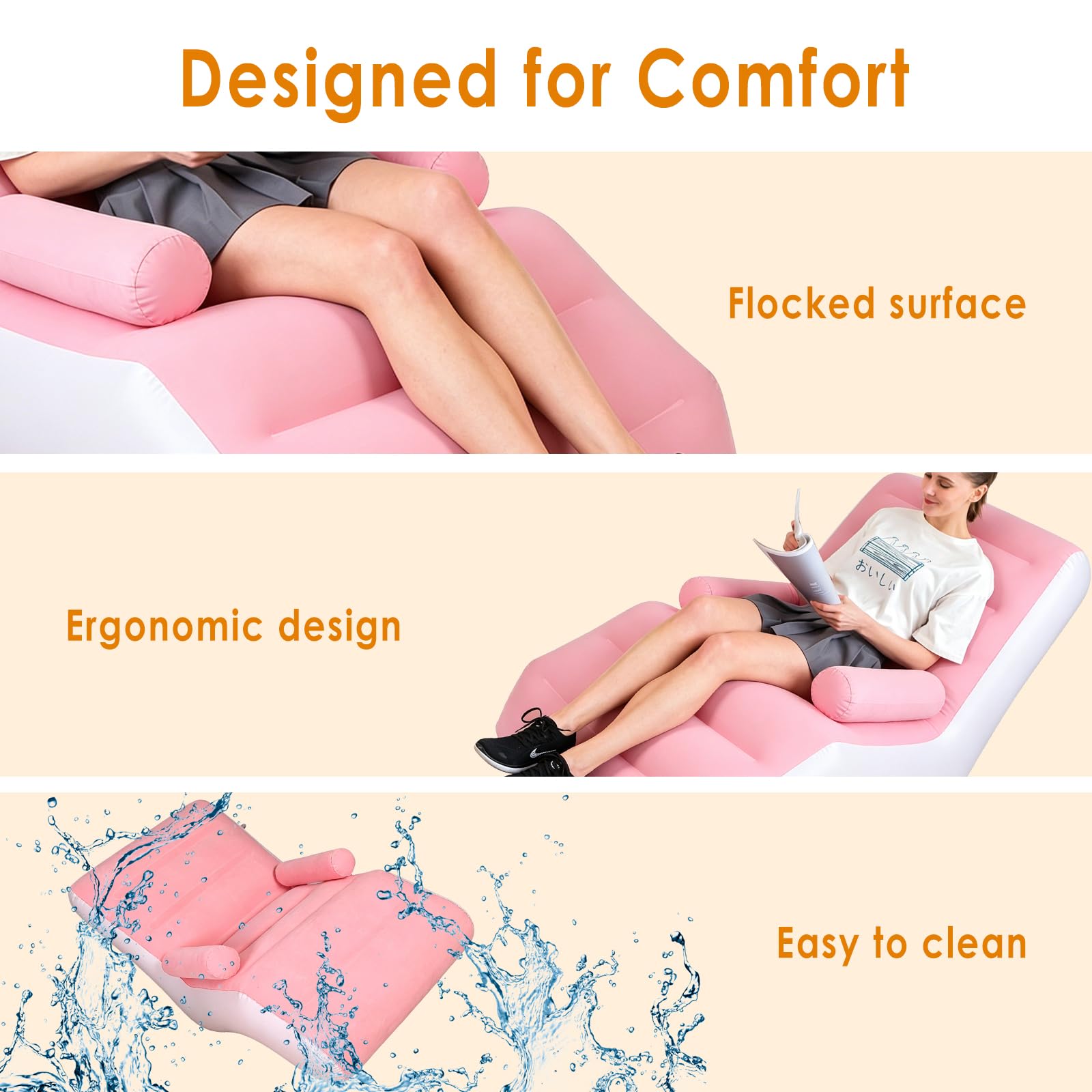 Sofá de aire, sofá de camping con reposapiés, sofá hinchable portátil, sillón hinchable, sillón de piscina, airlounge, puf al aire libre, para camping, hogar (1, S rosa, 1 persona) | Inflable