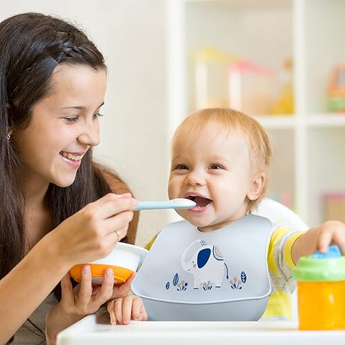 Miniatura 7 de Zhanmai Paquete de 3 baberos de silicona para bebés con cuchara y tenedor, baberos de alimentación de silicona para niños pequeños y niñas (estilo
