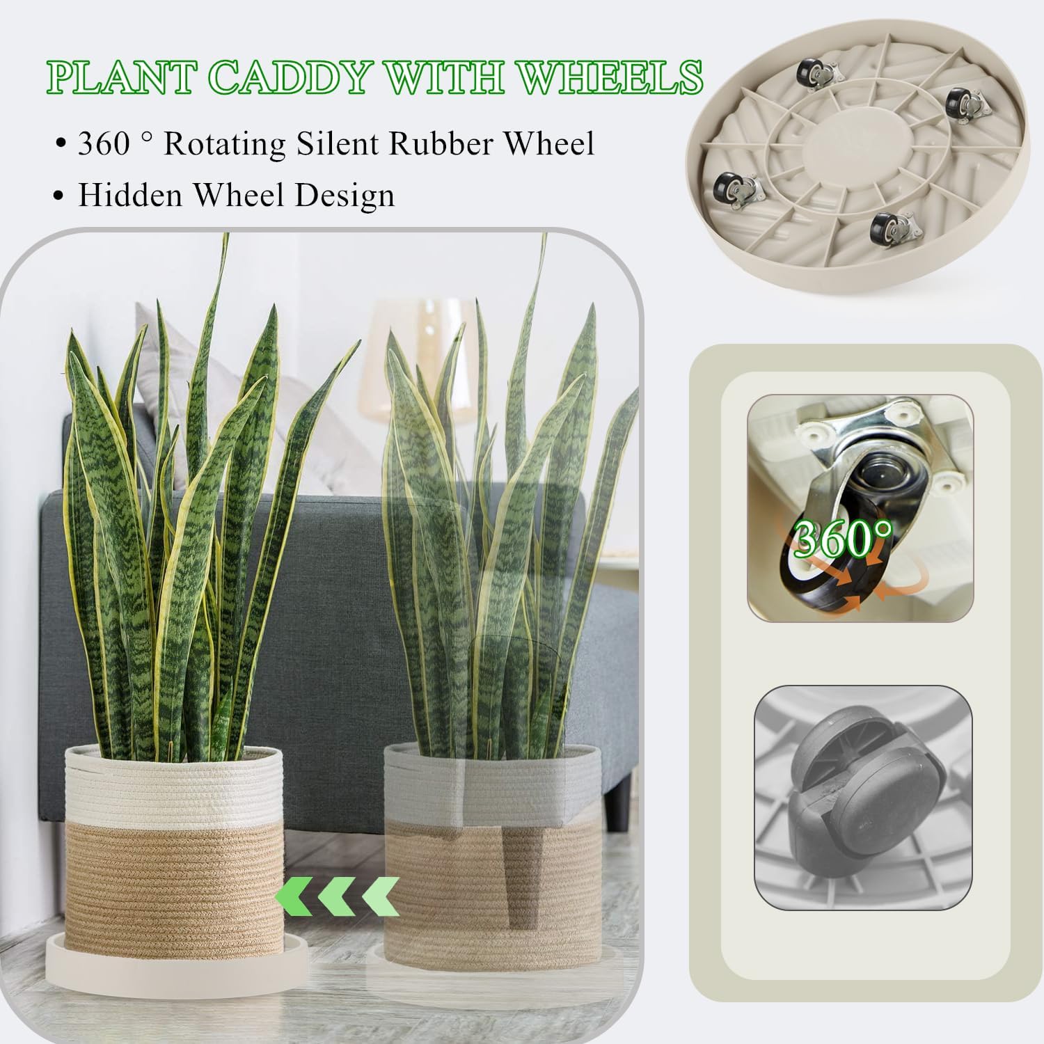 2 Pack Plant Caddy with Wheels,15" Rolling Plant Stand 195 LBS Heavy Duty with Hidden 360 ° Rotating Silent Wheel Wheels for Outdoor Indoor Large Plant Pots, Flower Pot, Patio