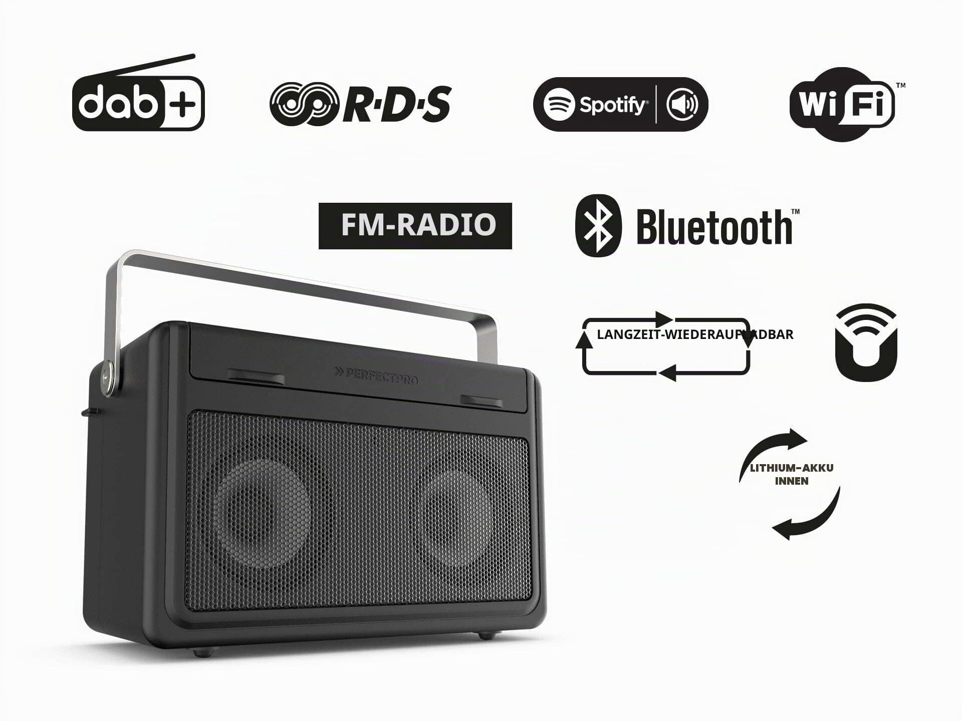 PerfectPro Baustellenradio AUDISSE, WiFi internetradio, DAB+ und UKW-Empfang, Bluetooth, Akku integriert, AUX-Eingang und USB-Eingang, IP65, AB1