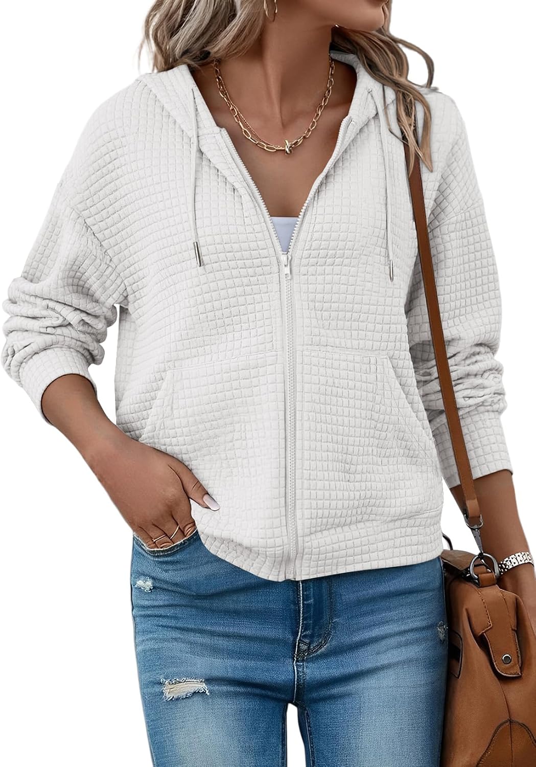 SHEWIN Womens Zip Up Hoodies Oversized Sweatshirt Fall Fashion Outfits 2025 Casual Waffle Hooded Jackets