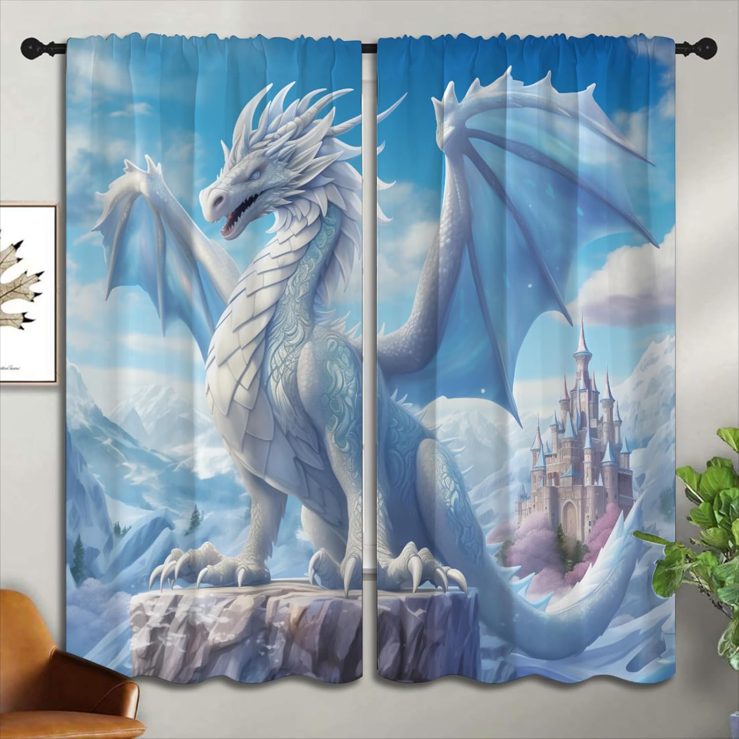Blue Dragon Blackout Curtains for Boys Girl Bedroom Home Decor, Fantasy Forest Wildlife Castle White Cloud Thermal Insulated Rod Pocket Darkening Living Room Window Drapes, 55 x 63 inch