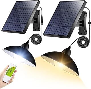 intelamp Solar Pendant Lights Indoor Outdoor, 2 Packs 4000mAh Gazebo Shed Chandeliers with Remote All Day/Night Mode 16.4Ft Hanging Warm White Lighting for Outside Barns Chicken Coop