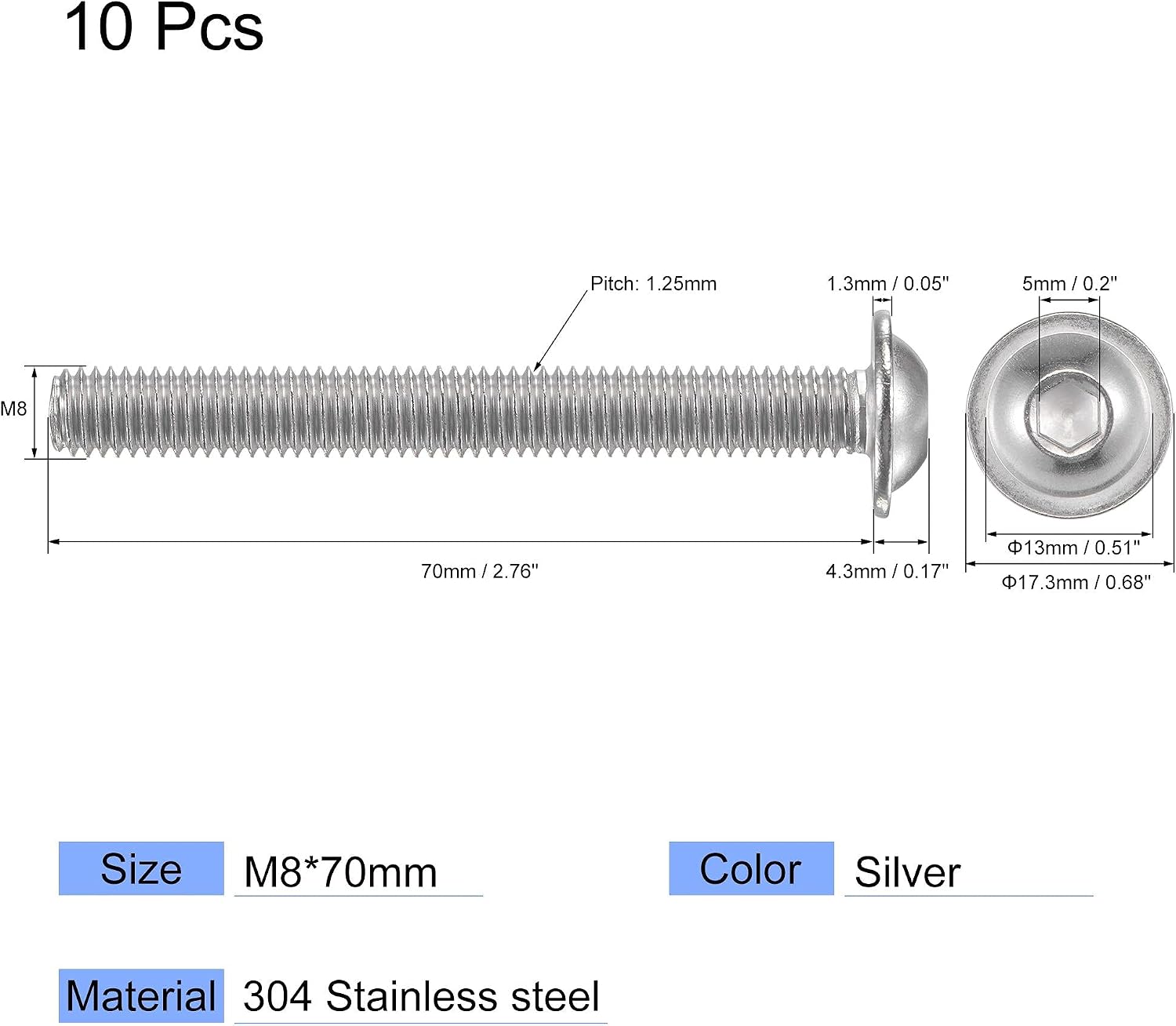 sourcing map Flanged Button Head Socket Cap Screws, M8x70mm Hex Socket Drive Screw, 304 Stainless Steel Fasteners Bolts - Image 3