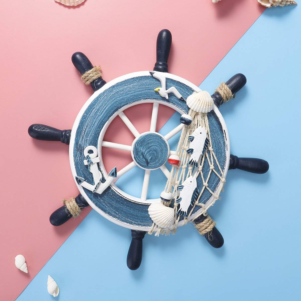 Voarge Aestm Wall Decoration Steering Wheel Wooden Steering Wheel Decoration with Fish Net Ship Steering Wheel Decoration Maritime Decoration Nautical Boat House Garden Decoration - Image 3
