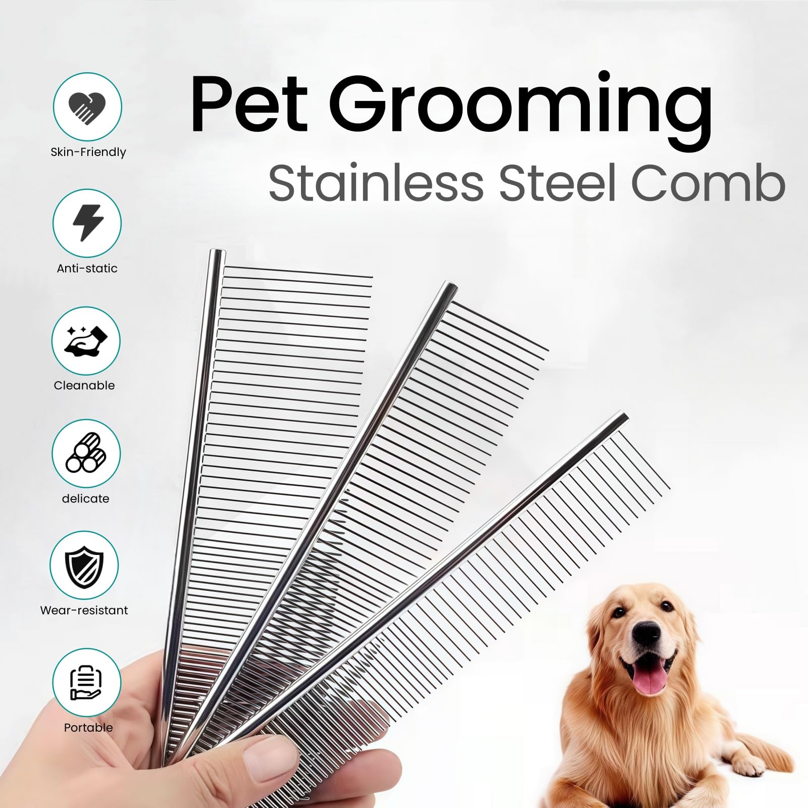 MEDUWEDU Juego de aseo de acero inoxidable para perros y gatos, cepillos de metal para mascotas, tres tamaños (grande, mediano y pequeño), plateado, paquete de 3