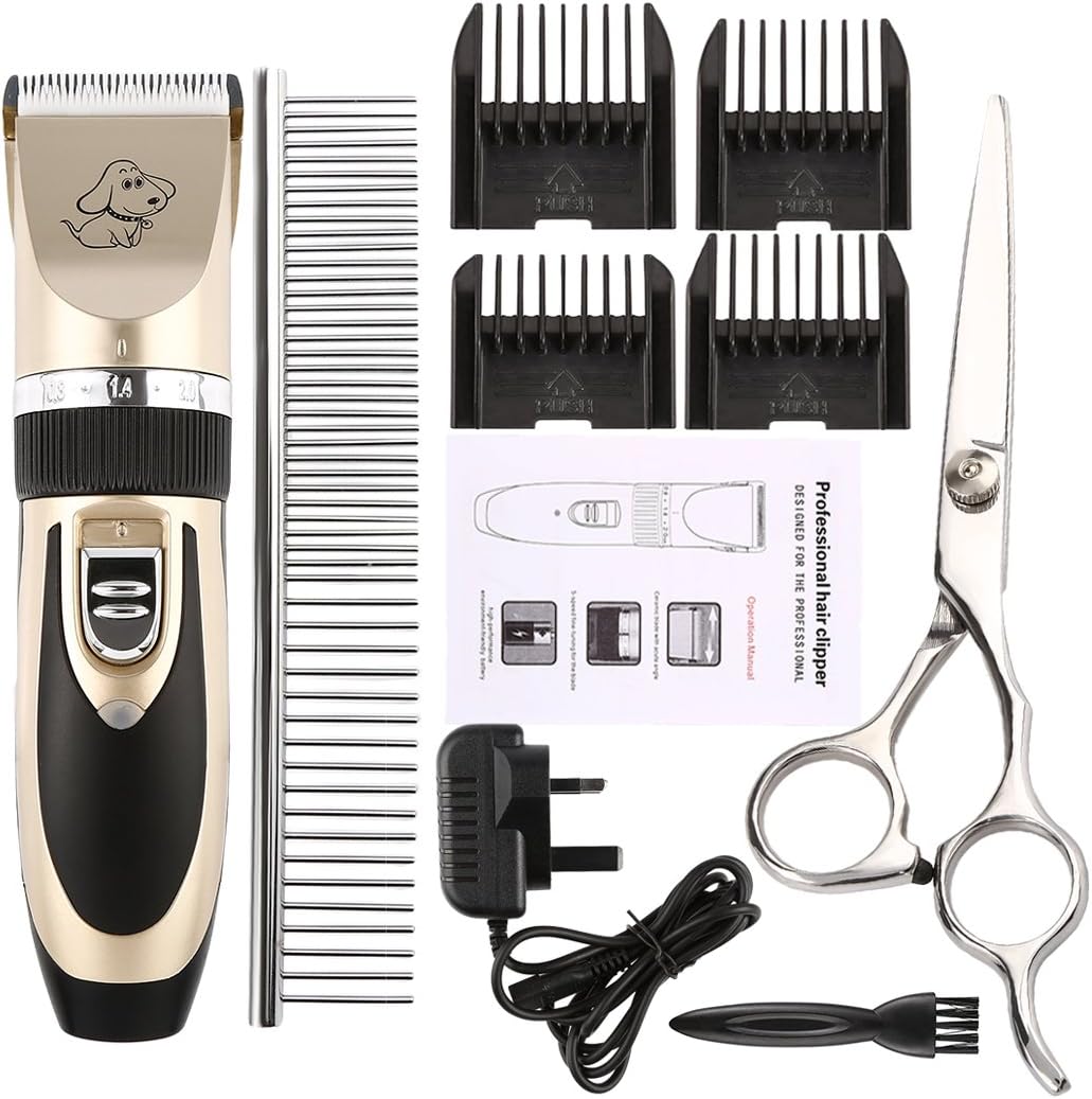 Pet Grooming Clippers,Akemiao Professional Electric Sheep Dog Hair Remover Shaver - Rechargeable with Trimming Kit Set (Gold)
