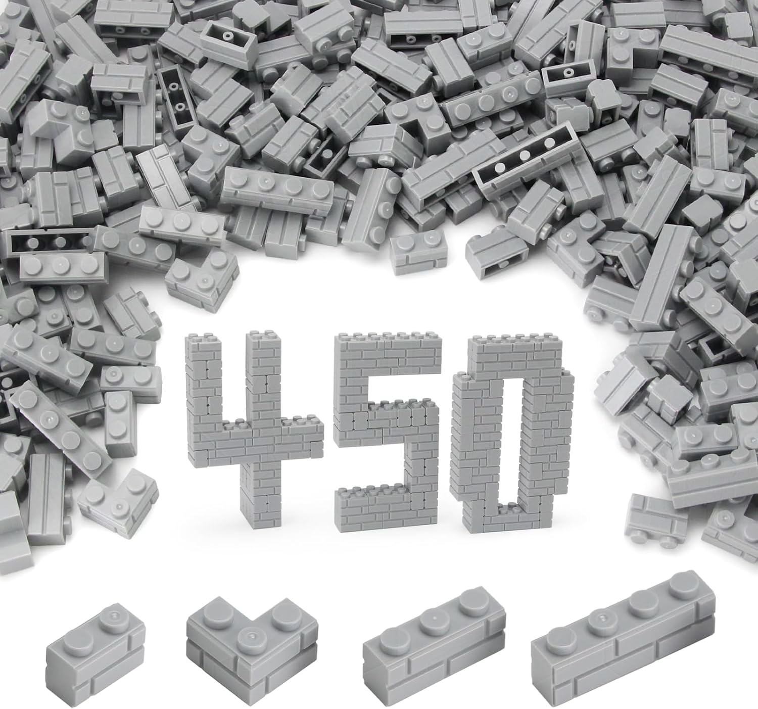 Feleph Masonry Bricks Set 450 Pcs Wall Building Accessories Diverse Creative Construction Bulk Parts and Pieces Classic Blocks Toy Compatible with Major Brands (Gray)