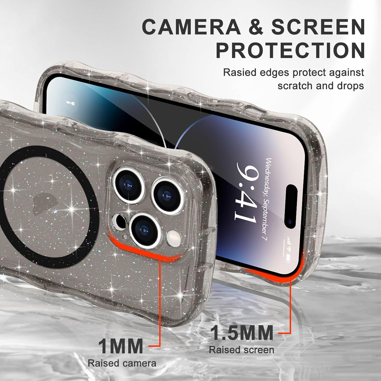 Magnetic for iPhone 14 Pro Max Case Clear, Sparkly Bling Glitter Cute Curly Wavy Cover for Women Men Compatible with MagSafe TPU Shockproof Protective Phone Case for iPhone 14 Pro Max, Black - Image 5