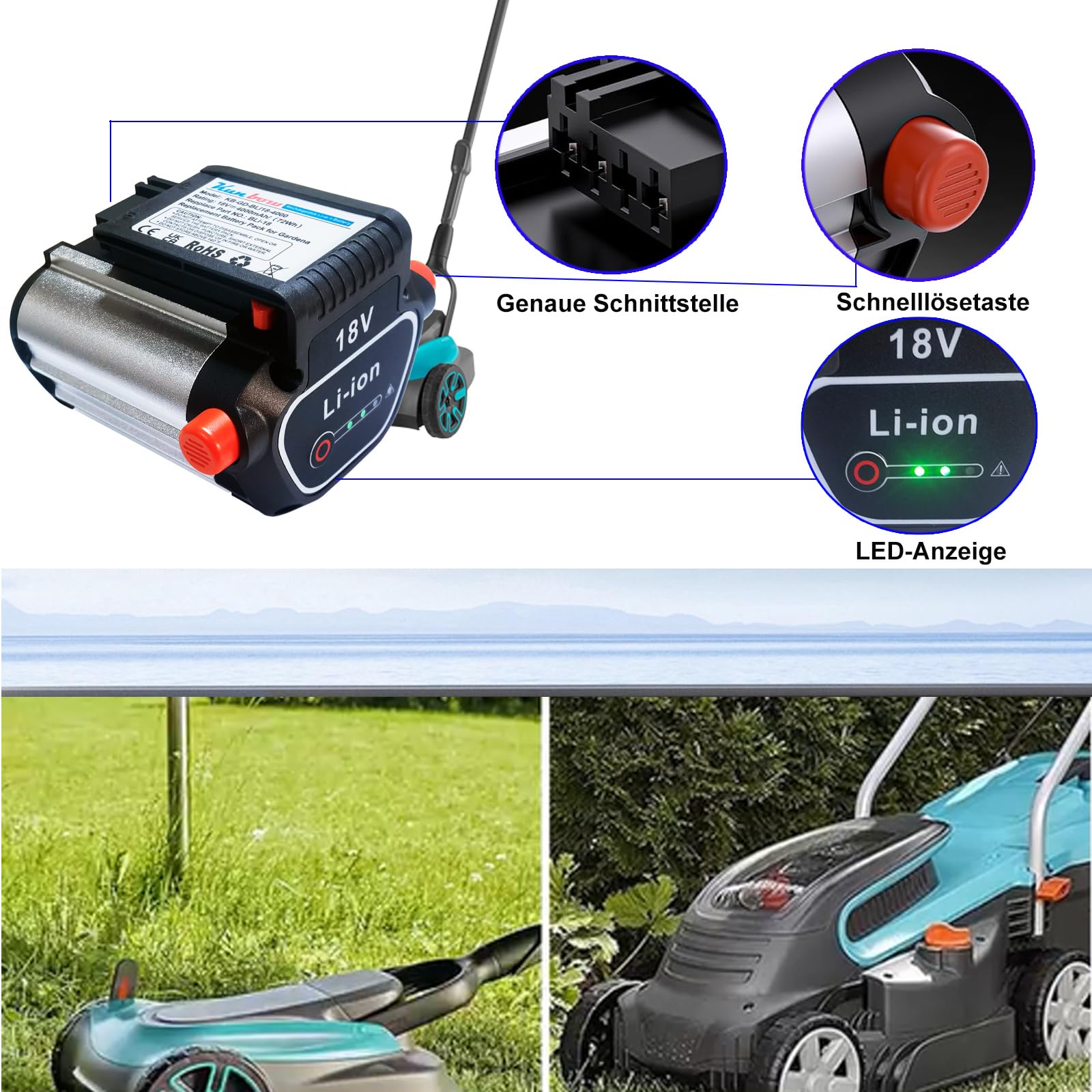 Batteria di ricambio per robot tosaerba Gardena BLi-18 9840-20 9839-20, compatibile con attrezzi Gardena 18 V agli ioni di litio (18 V/72 Wh)