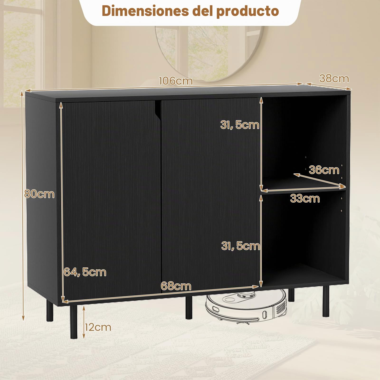 GIANTEX Aparador Buffet de Cocina con 2 Puertas, Armario con Estantes Ajustables y Patas Metálicas, 106 x 38 x 80 cm, con Kit Antivuelco, Mueble de Almacenamiento para Comedor, Salón (Negro)