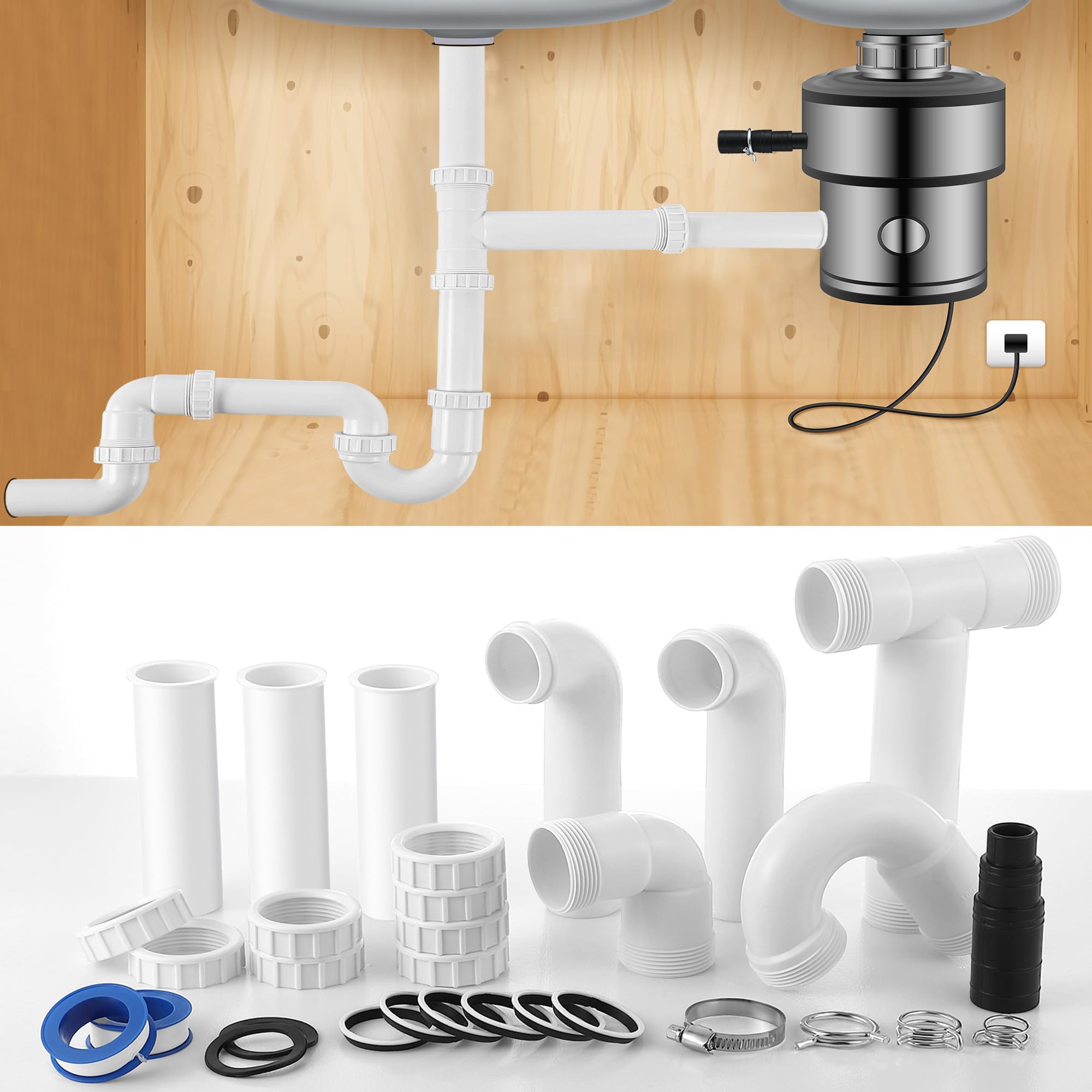 Kit plomberie vidange évier cuisine compatible évacuation broyeur de déchets 3.8cm
