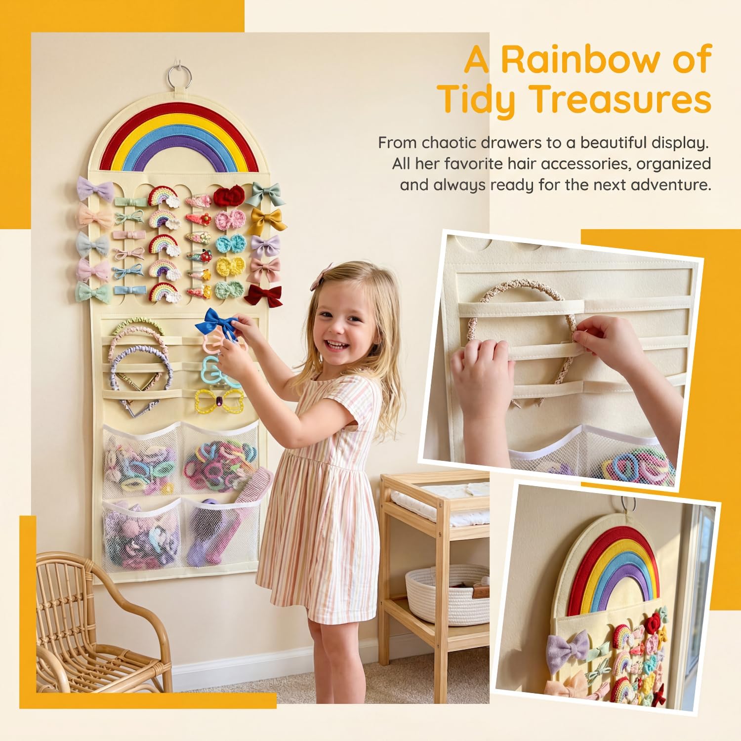 Rainbow Kids Hair Accessory Organizer Wall Hanging, LEHSGY Multi-Compartment Hanging Storage Bag for Hair Clips, Hair Ties, Headbands, Hair Bows,Space Saving Organizer for Girls Bedroom, Nursery