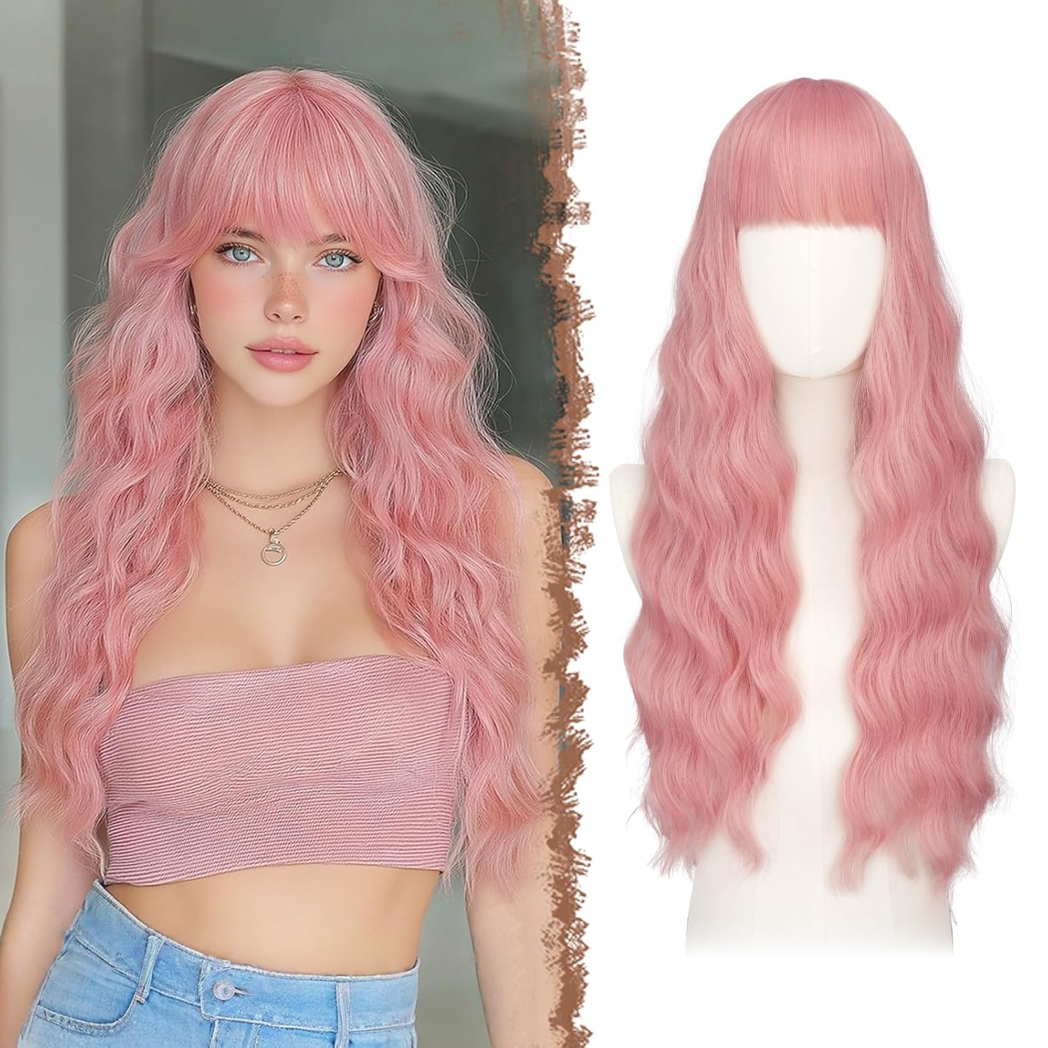 FESHFEN Pink Wig with Bangs for Women, Long Wavy Wigs Natural Looking Synthetic Hair Wigs for Daily Party Costume, 26 inch