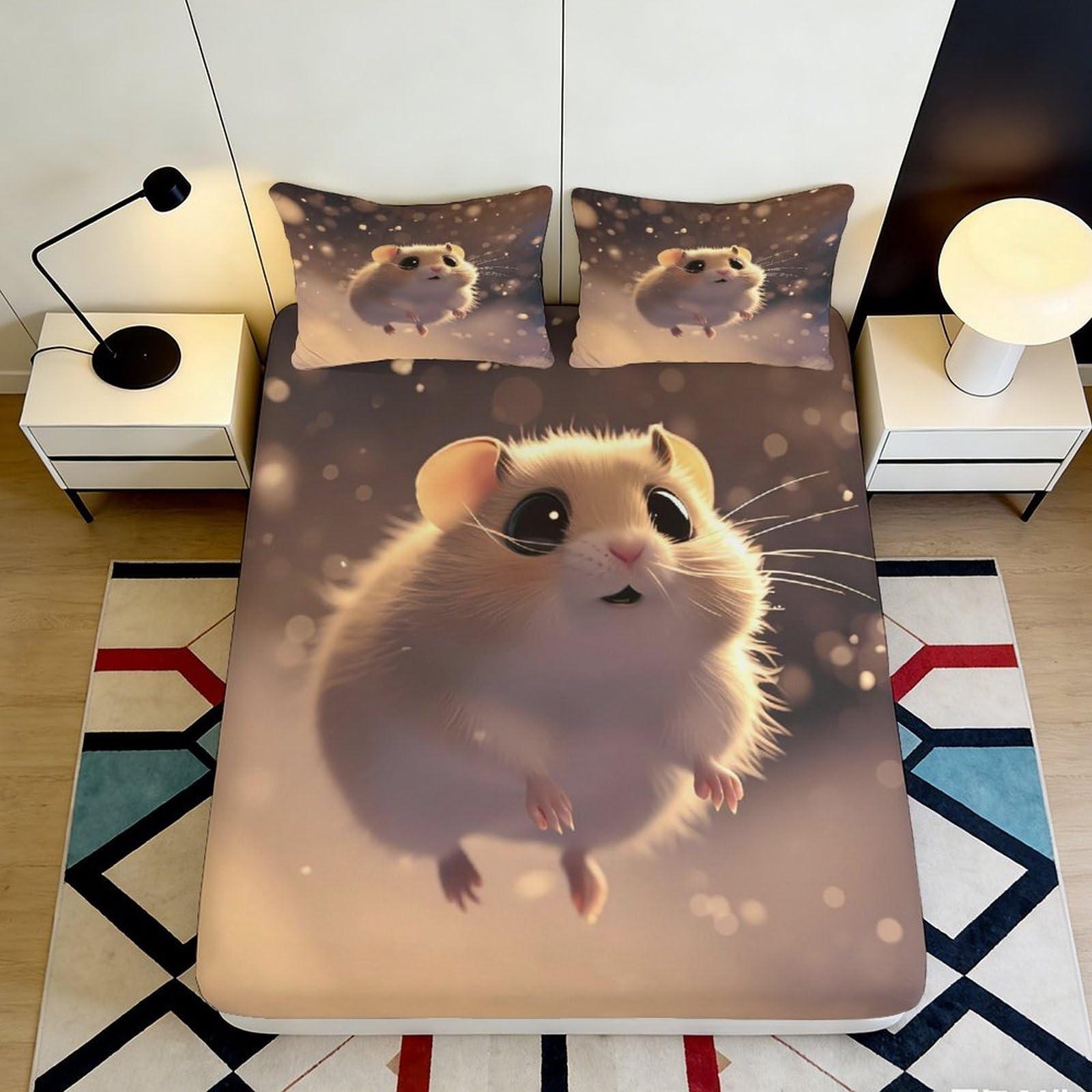 3D Printed Cute Hamster Fitted Sheet Microfiber Soft Breathable Cartoon Animal Bed Cover for Bedroom Dorm Decor 90x200x25cm