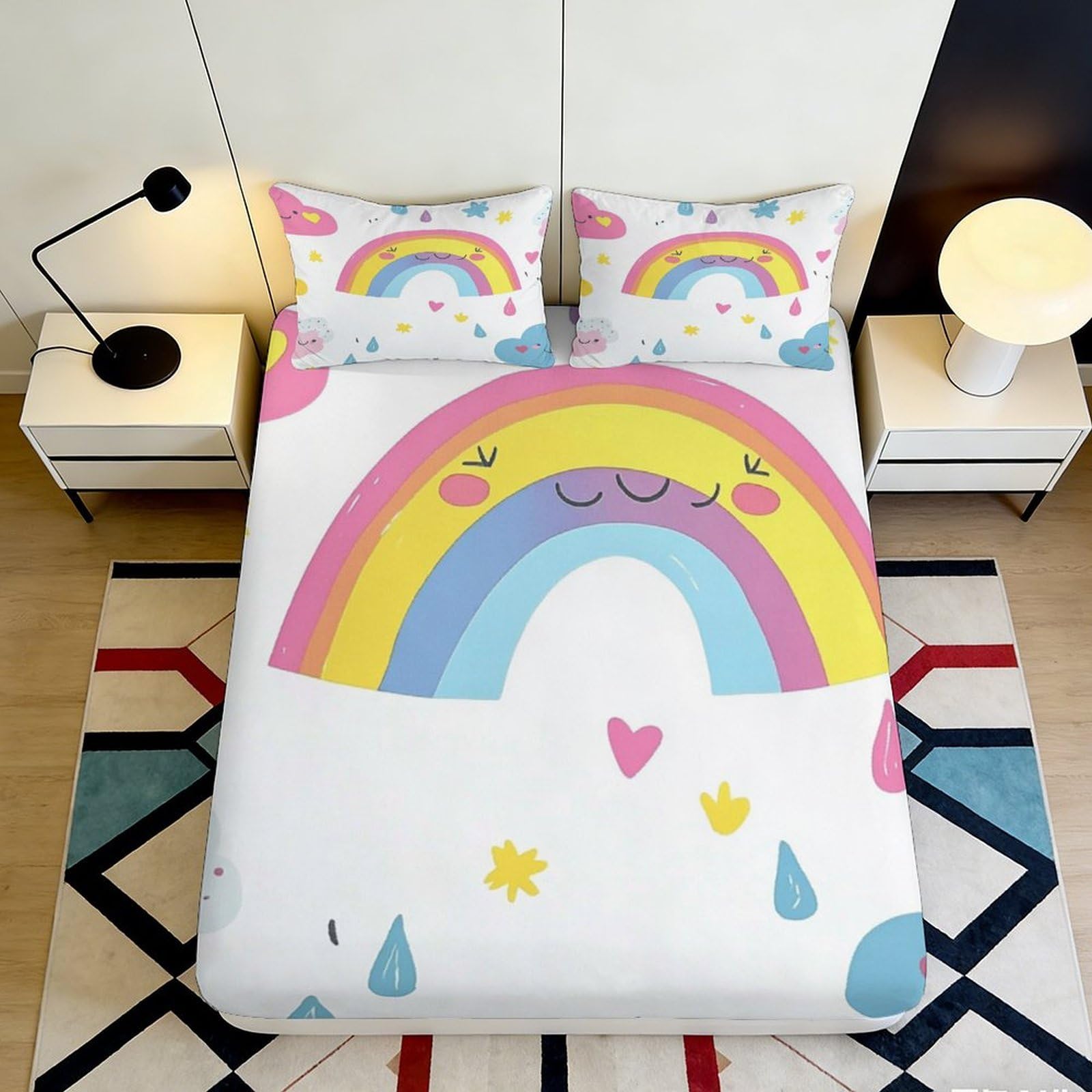 3D Printed Rainbow Cloud Fitted Sheet Microfiber Soft Bedroom Decor Heart Star Mattress Cover Adult Youth 90x200x25cm