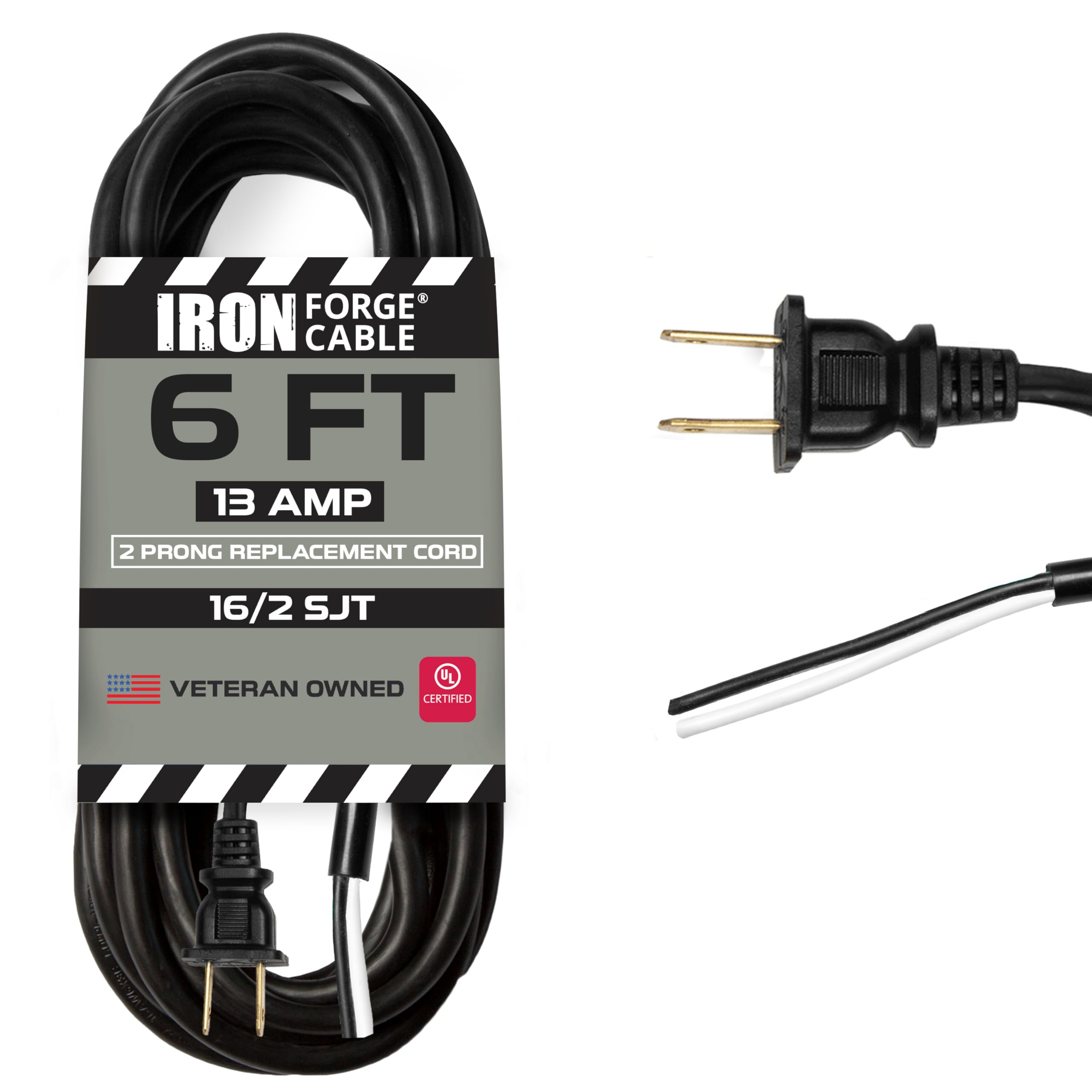 Iron Forge Cable 16 AWG Replacement Power Cord, 2 Prong Open End