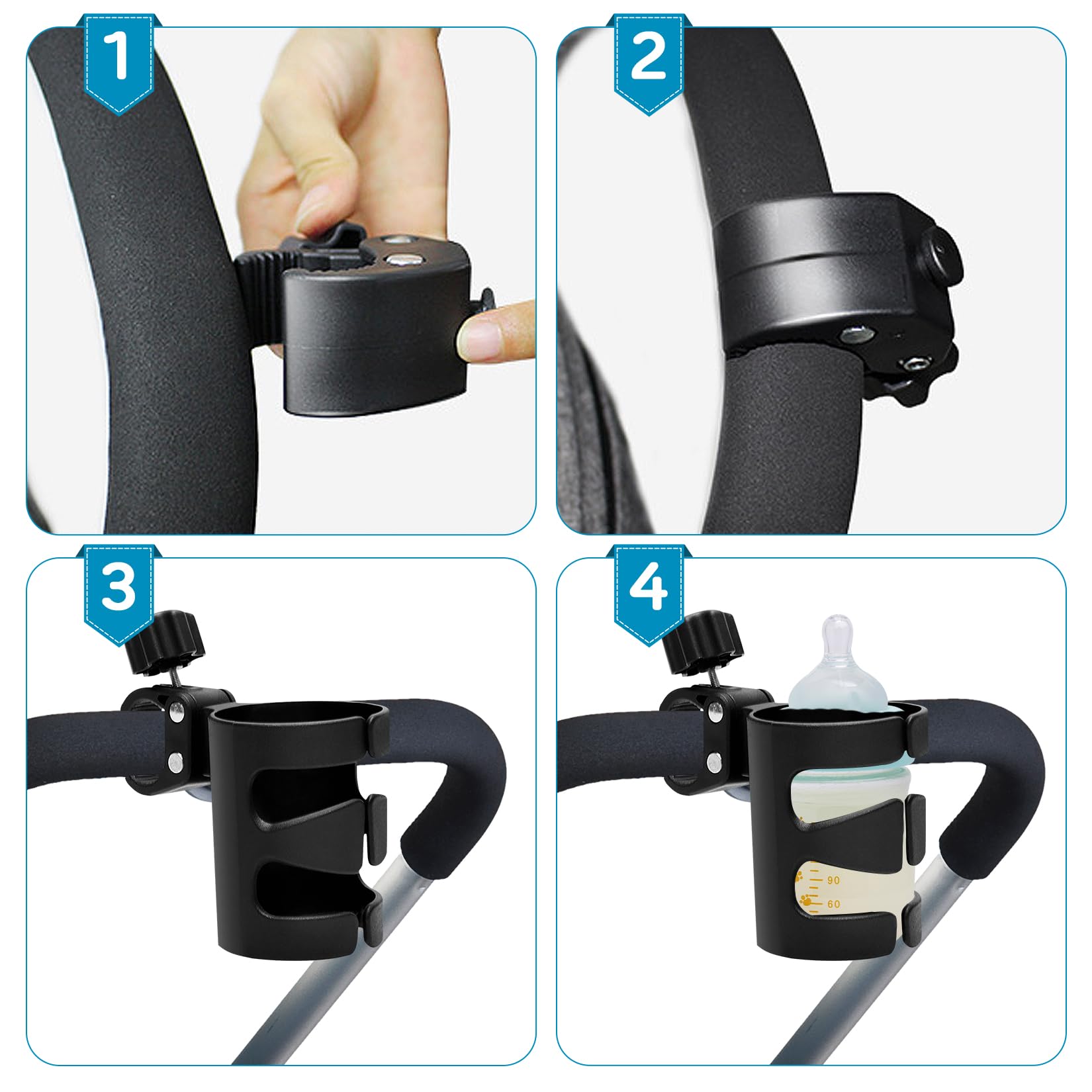 2 Pezzi Portabicchieri per Passeggino con 2 Ganci Universale Regolabile Rotazione a 360 Gradi Portabicchieri per Passeggino Bicicletta Buggy Accessorio per Carrozzine e Sedia a Rotelle