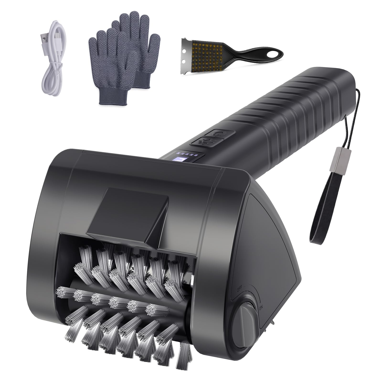 Elektrische Grillbürste für Grill, kabelloser BBQ Reiniger mit Akku | Wiederaufladbare Grill Reinigungsbürste mit starkem Motor, langem Griff für Gasgrill, Holzkohlegrill und Grillroste