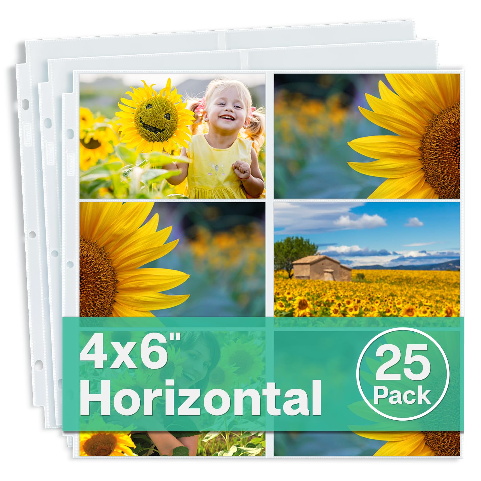 Dunwell Photo Album Refill Pages 12x12 - (4x6 Landscape, 25 Pack) Holds 300 4x6" Photos, 4x6 Photo Sleeves for 3 Ring Binder, D-Ring Scrapbook Album 12x12, Archival Quality Page Protectors 12x12