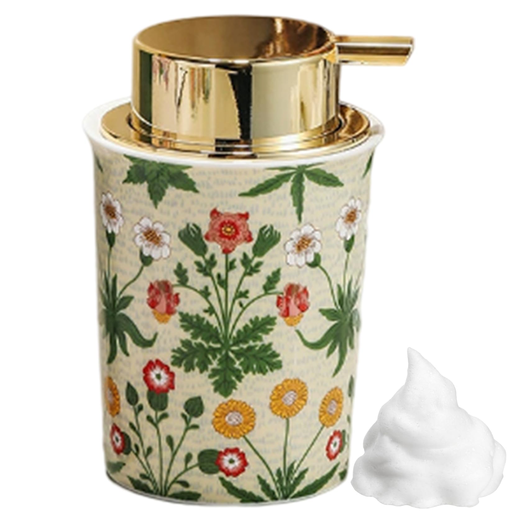 Foaming Soap Dispenser 250ml Floral Vintage Ceramic Foam Soap Dispenser Refillable Lotion Bottle with Golden ABS Pump for Kitchen, Bathroom, Green