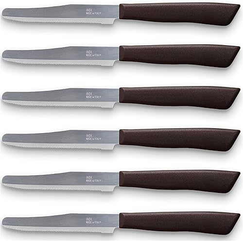Vista 17 de Tredoni 6 cuchillos de cocina – 4.3"/11cm acero inoxidable italiano dentado vegetal/bistec/cuchillo de mesa, punta redondeada (rojo)