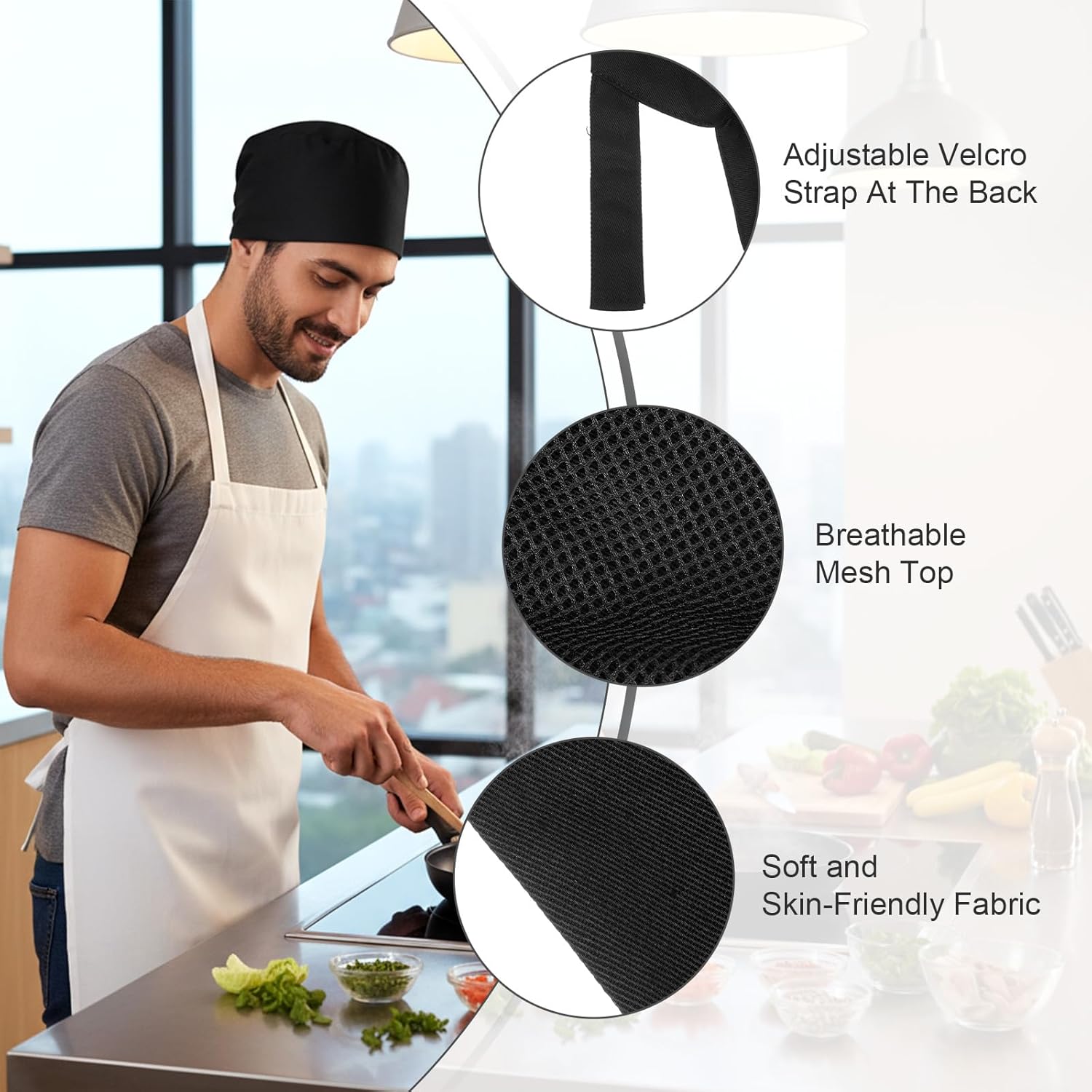 Unisex Chef Hats, Adjustable Unisex Chef Hat with Breathable Mesh Top, Black Chefs Cap for Men, Kitchen Cooking Caps with Breathable Mesh Top, Comfortable Chefs Hat Headband (Black, White) - Image 4