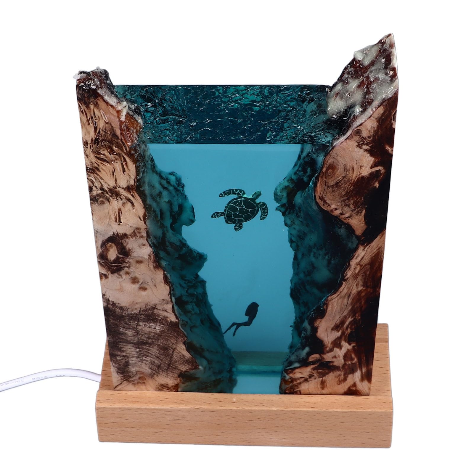 YWBL-WH Luce Notturna in Resina Lampada da Tavolo a LED Oceano Base in Legno Massello Alimentata Tramite USB 5V Design Traslucido a Grotta Bagliore a Risparmio Energetico per Scrivania da Camera da