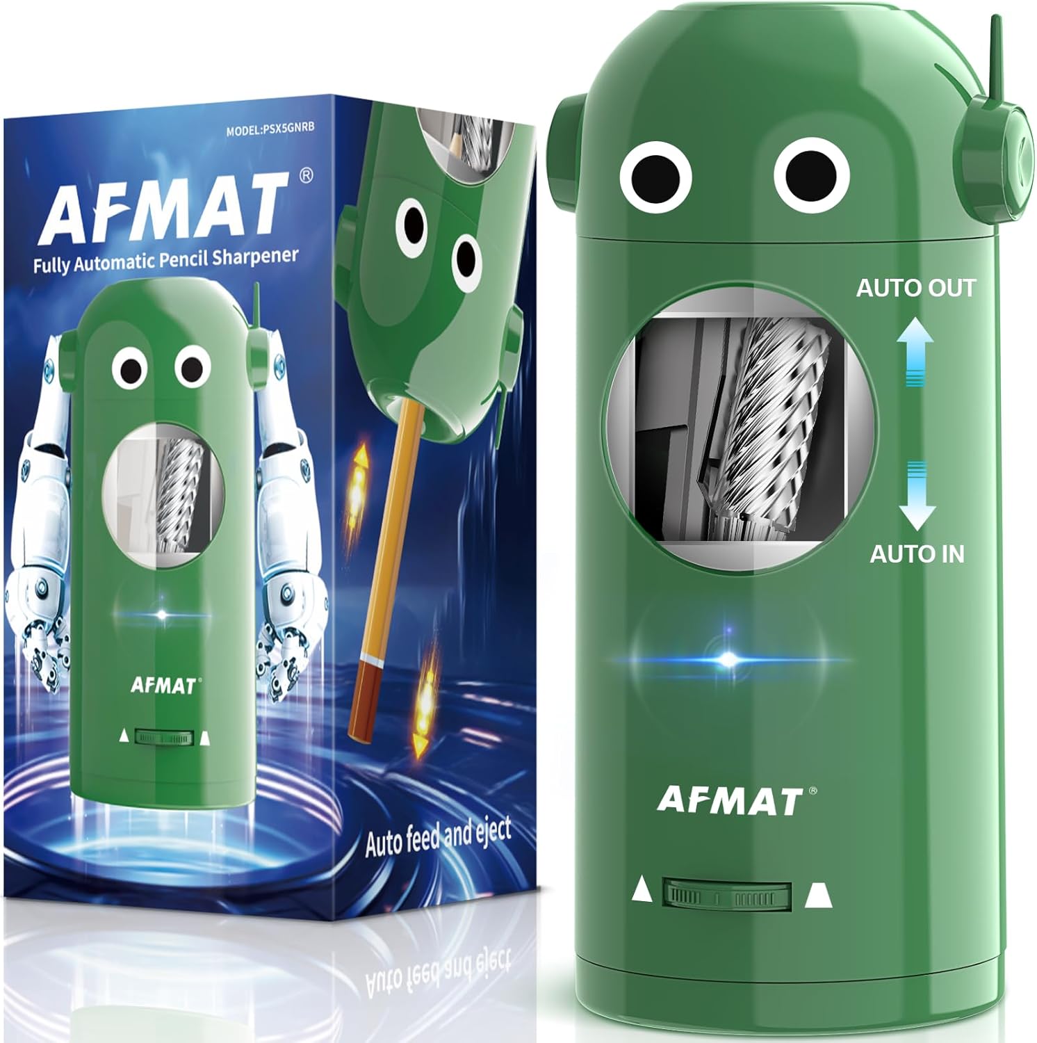 AFMAT Electric Pencil Sharpener for Colored Pencils 7-11.5mm, Fully Automatic Robot Pencil Sharpener, Auto in & Out, Rechargeable Hands-Free for Classroom/Home/Office, Battery Operated, PSX5RB, Green