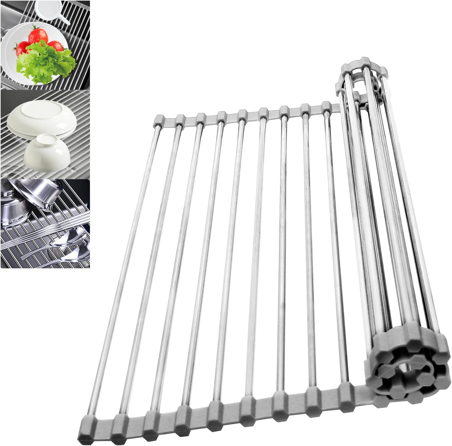 Scolapiatti Pieghevole Per Lavello In Acciaio Inox, Espandibile Da 13 A 63 Cm, Salvaspazio - 3