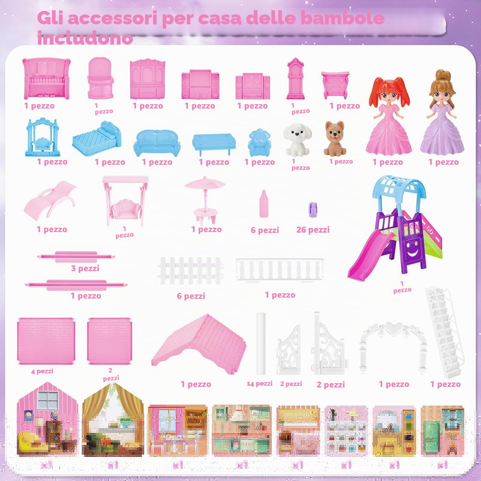 deAO Casa delle Bambole Piccola con 2 Bambole, Mobili e Accessori, Villa dei Sogni con 5 Stanze, 1 Terrazza e Giardino, Gioco Creativo per Bambine 3-8 Anni, Rosa