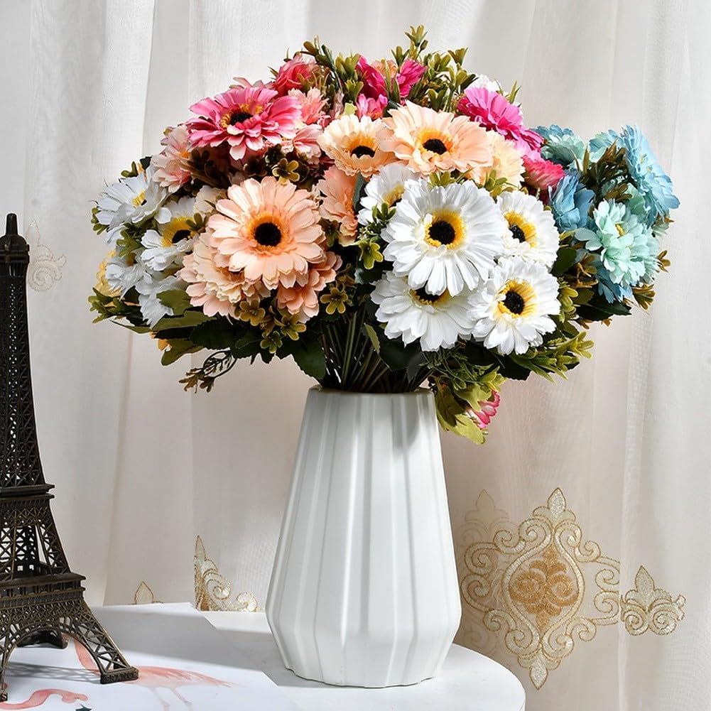 Bouquet de chrysanthèmes en soie rose rouge avec 7 têtes de marguerites de calendula